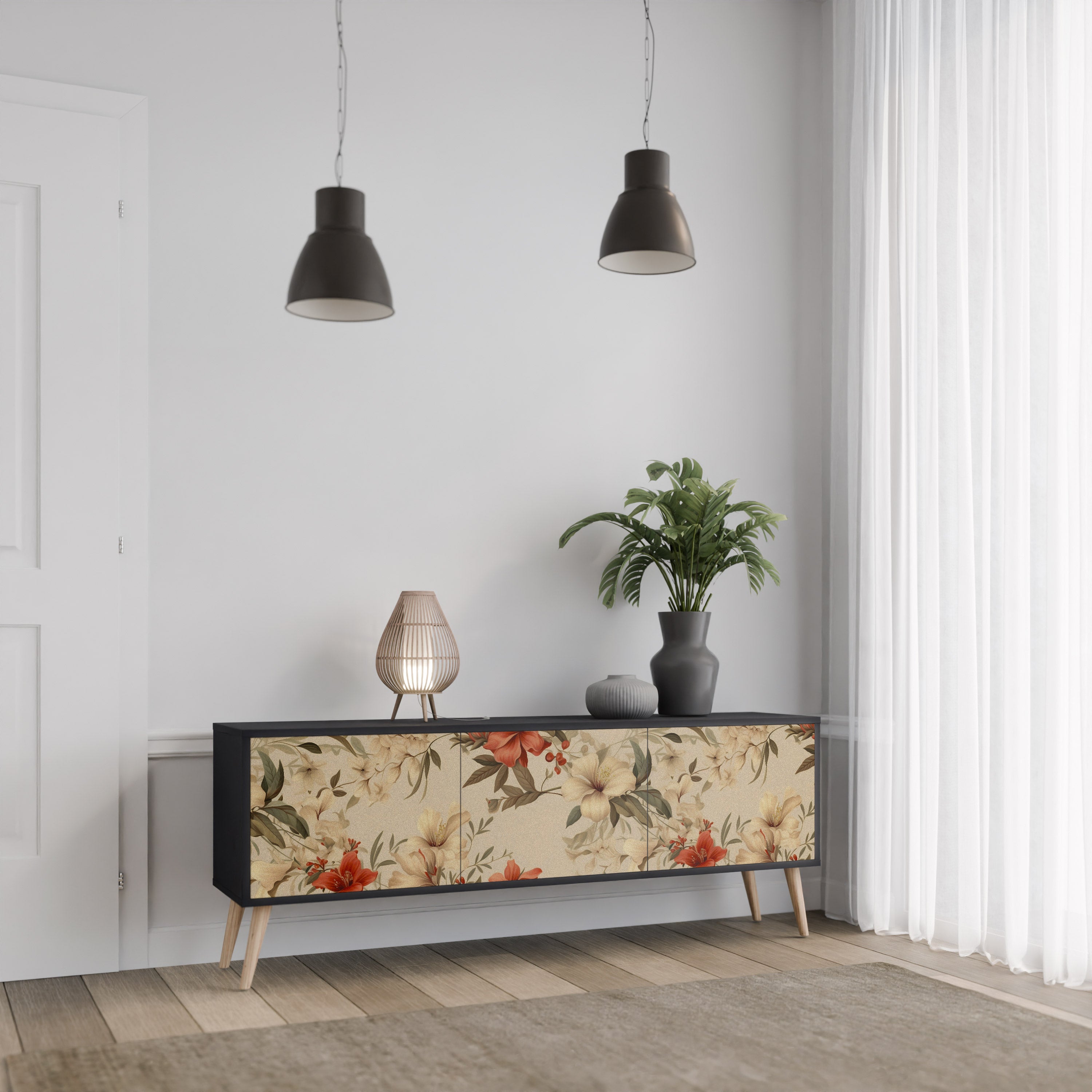 Mueble de TV de 3 puertas BLOOMING HARMONY en acabado negro