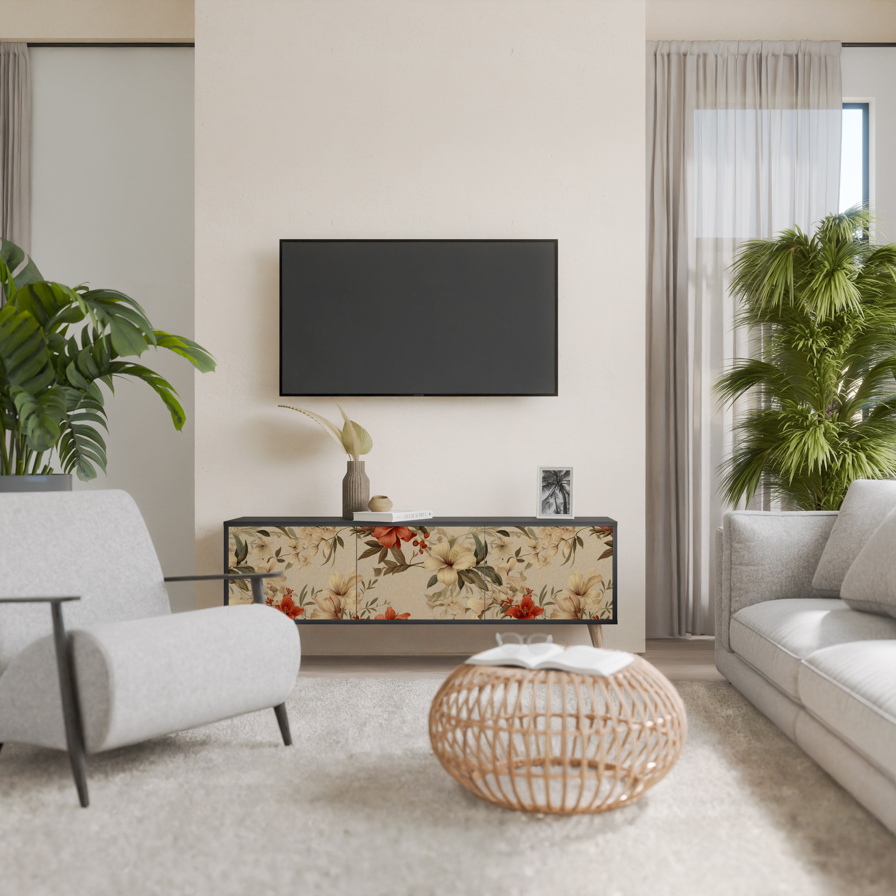 Mueble de TV de 3 puertas BLOOMING HARMONY en acabado negro