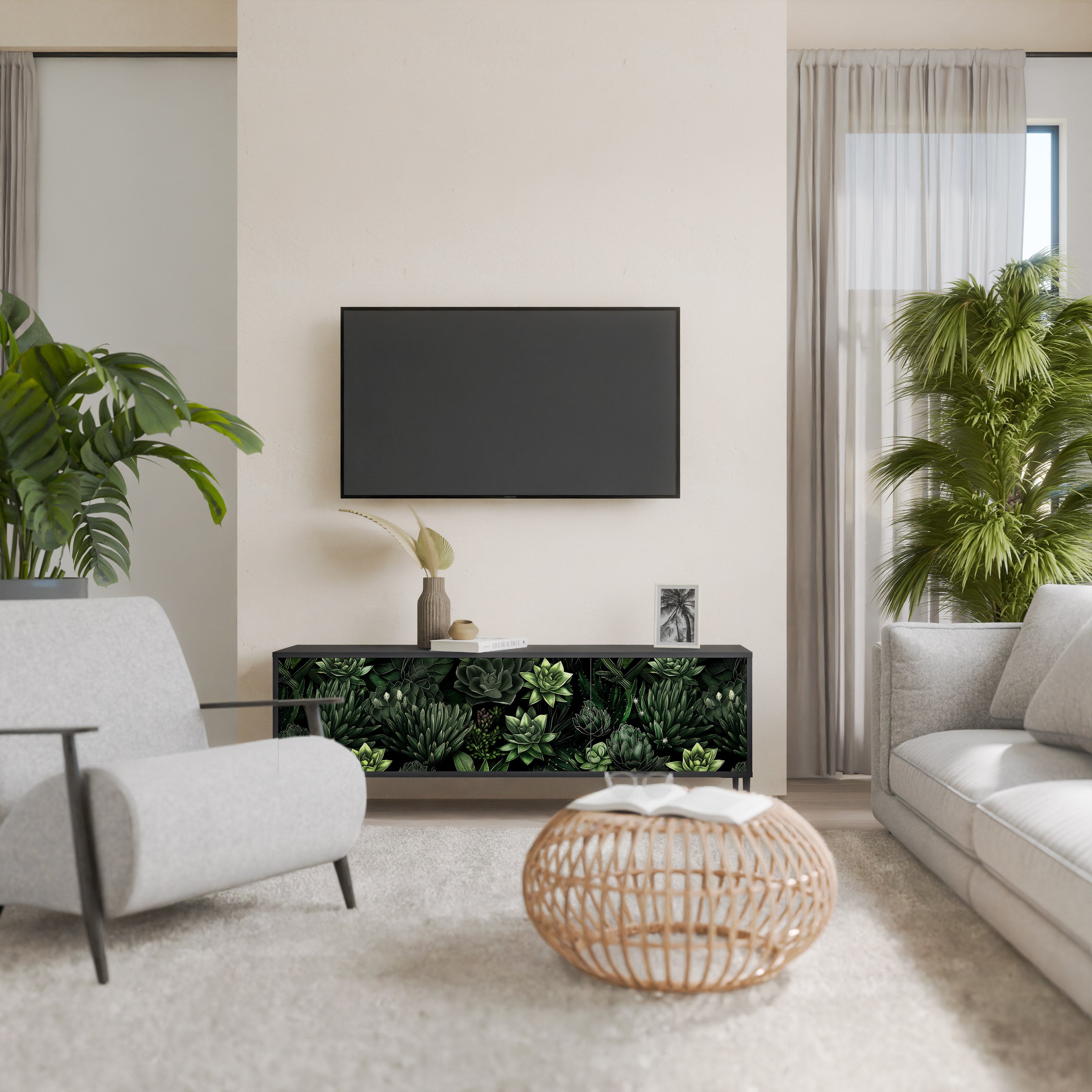 SUCCULENT JUNGLE 3-Door TV Stand in Black Finish