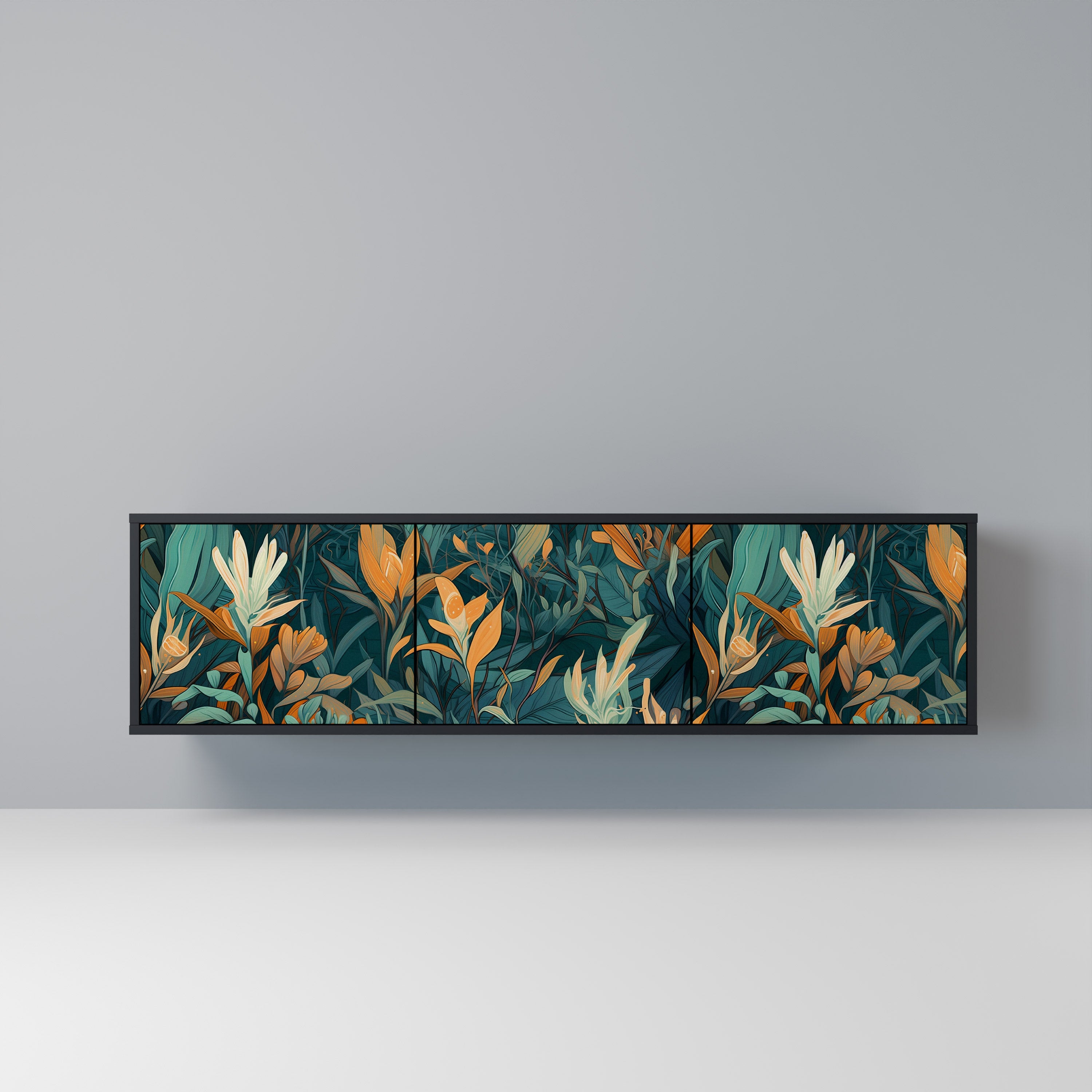 FLORAL SERENITY 3-Door TV Stand in Black Finish