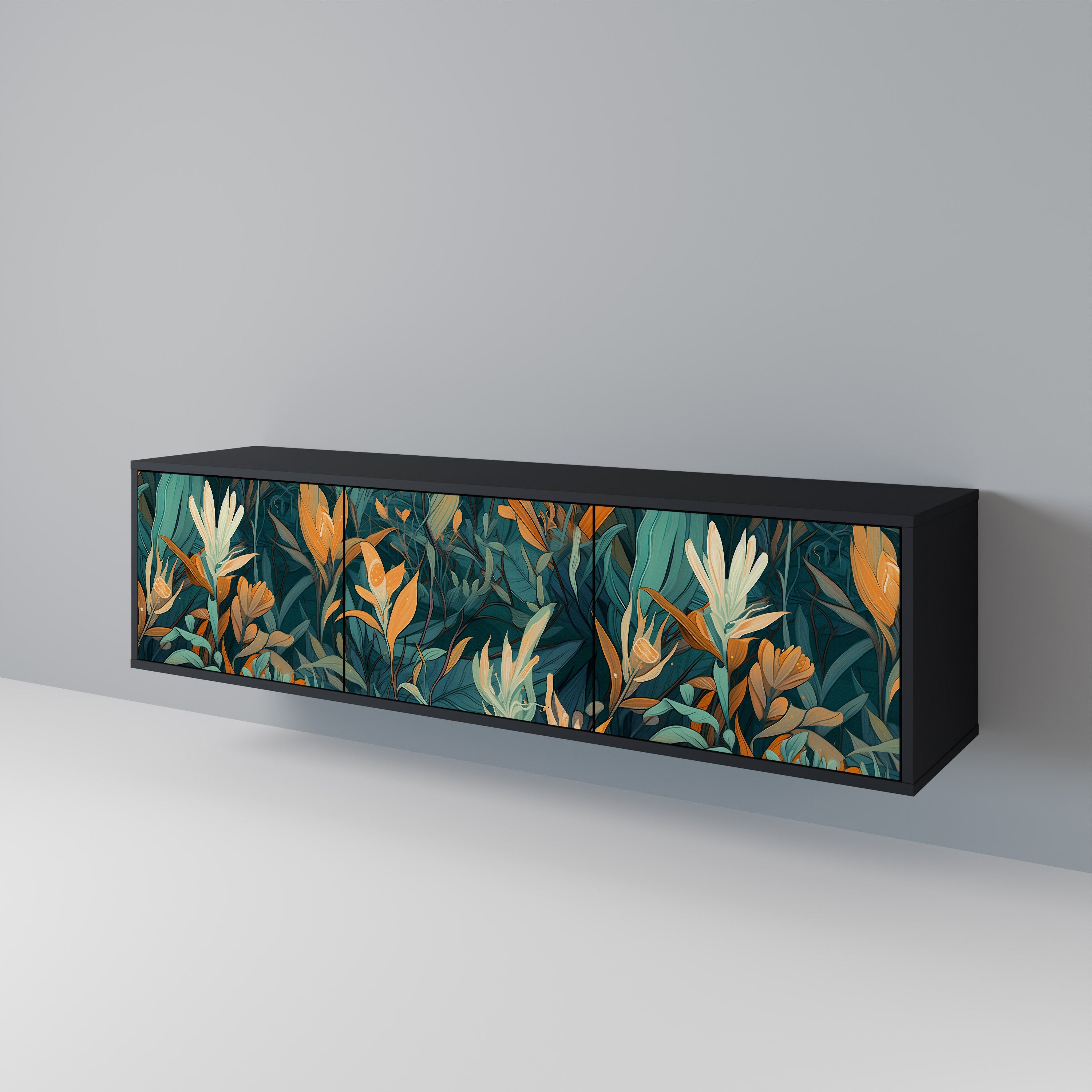 FLORAL SERENITY 3-Door TV Stand in Black Finish