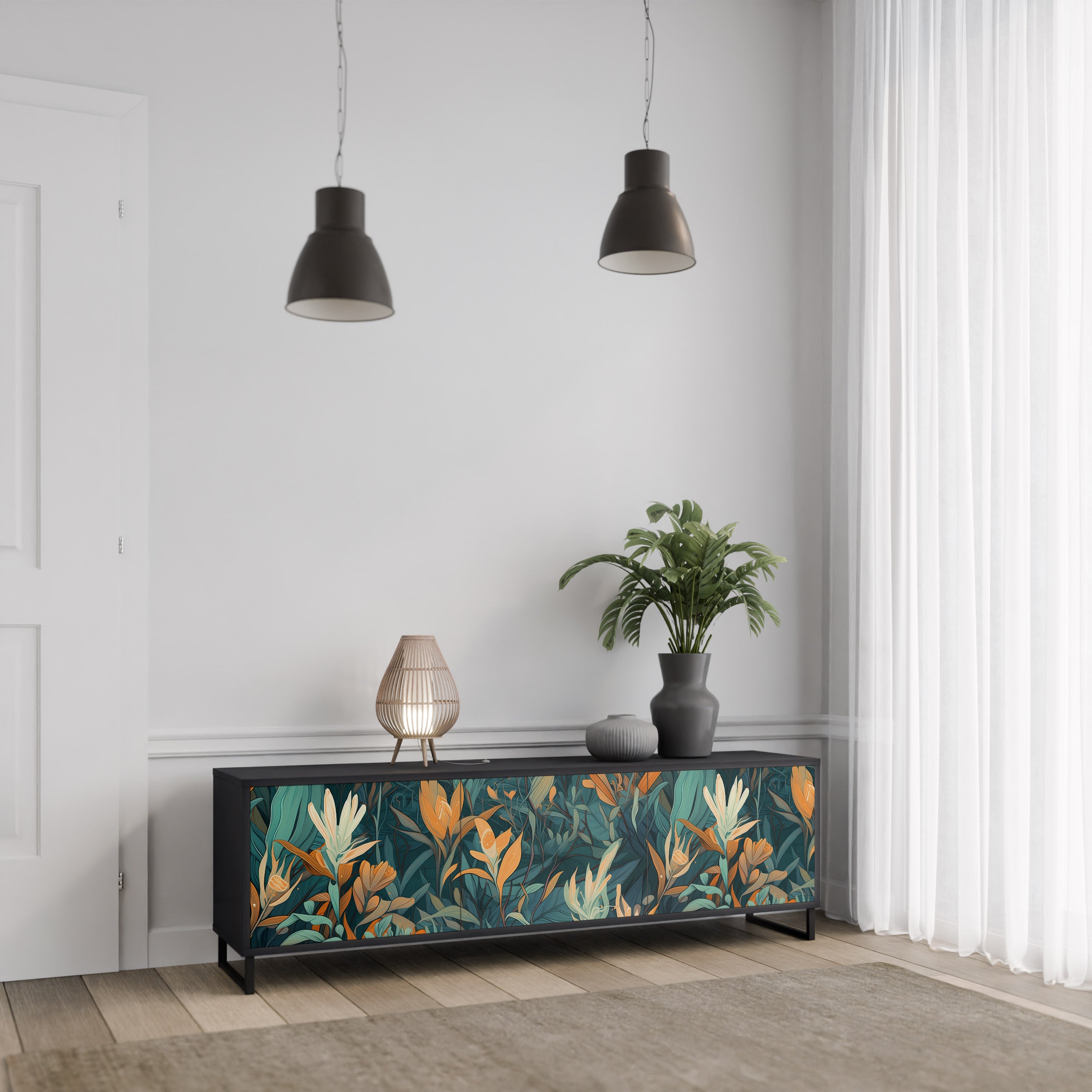 FLORAL SERENITY 3-Door TV Stand in Black Finish