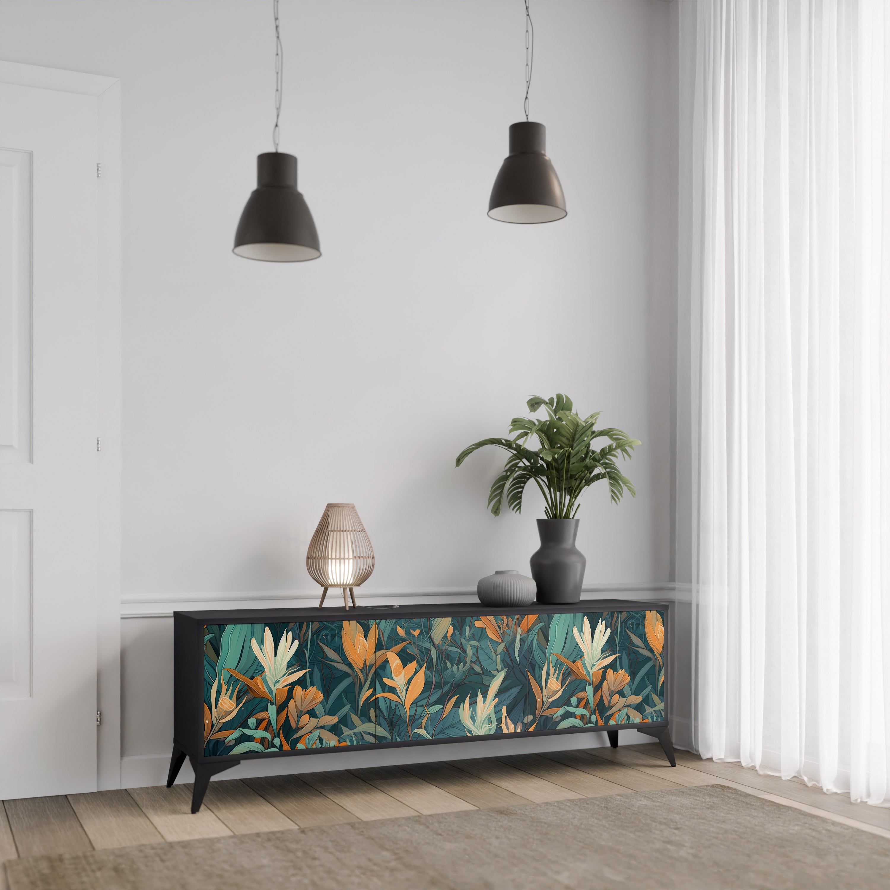 FLORAL SERENITY 3-Door TV Stand in Black Finish
