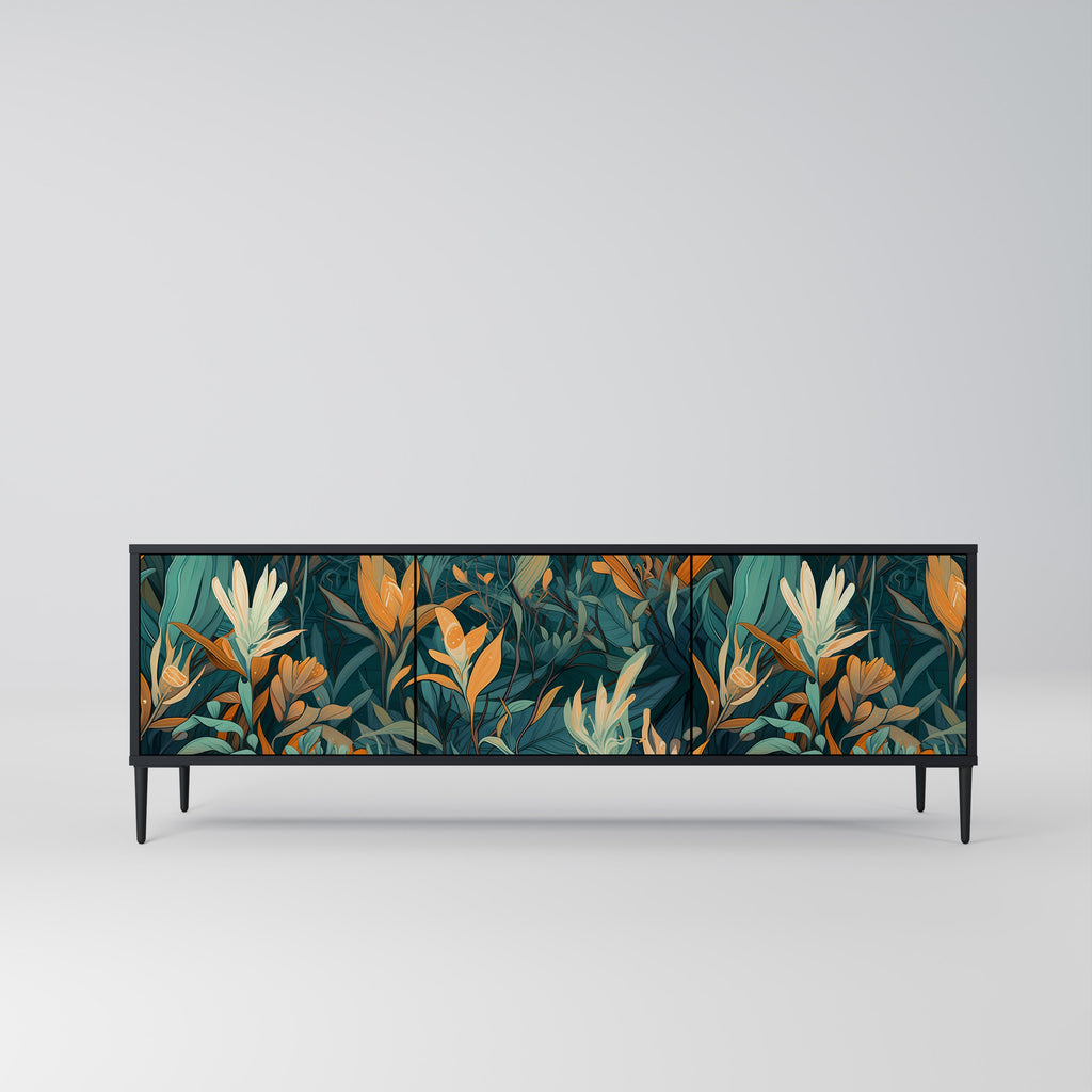 FLORAL SERENITY 3-Door TV Stand in Black Finish