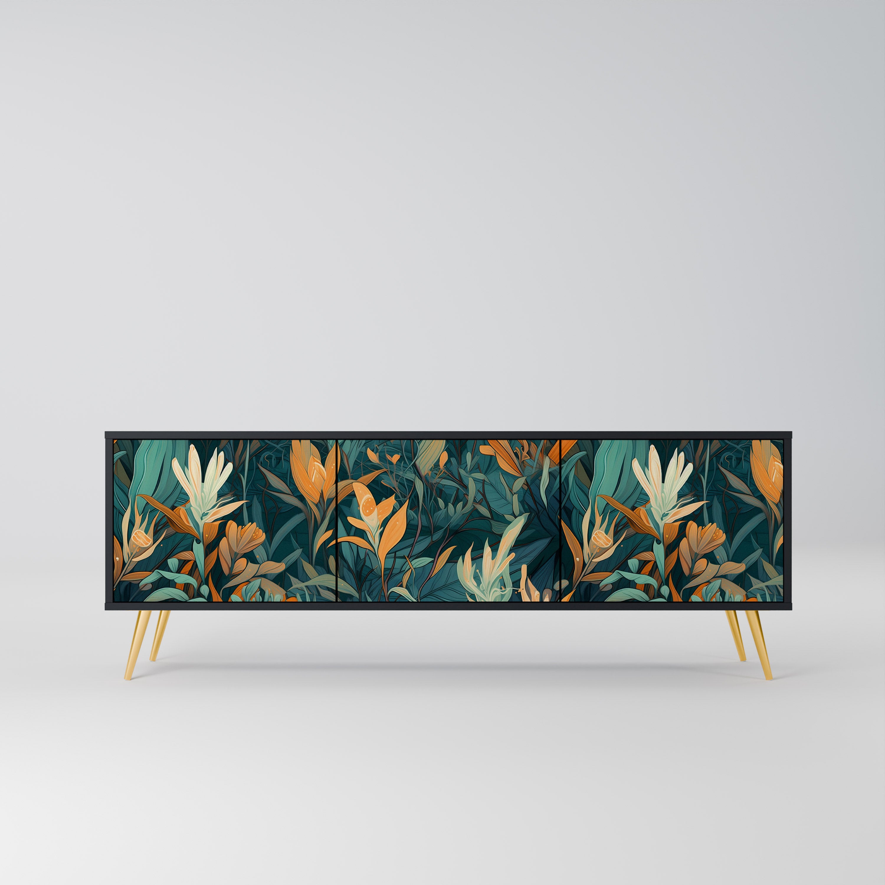 FLORAL SERENITY 3-Door TV Stand in Black Finish