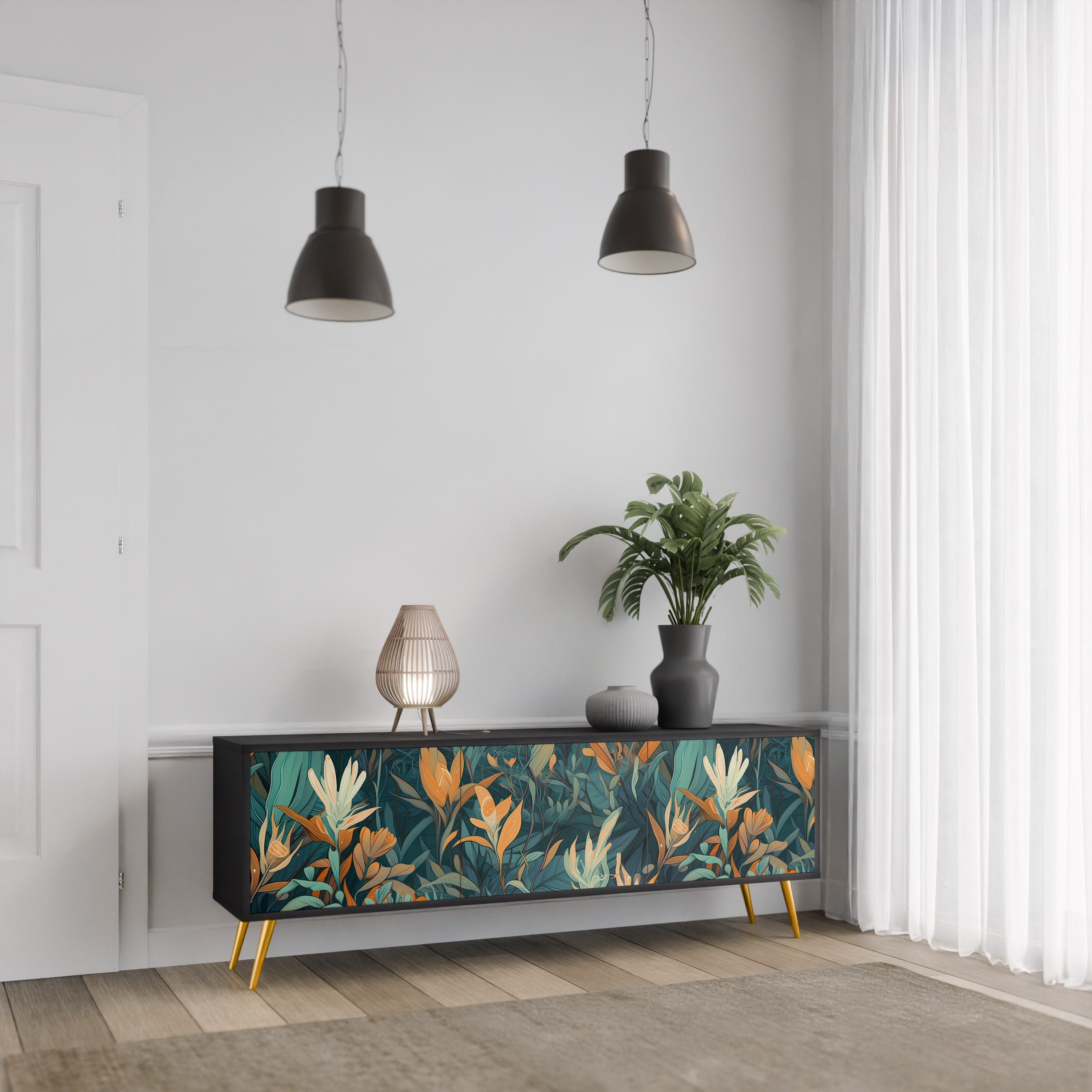 FLORAL SERENITY 3-Door TV Stand in Black Finish