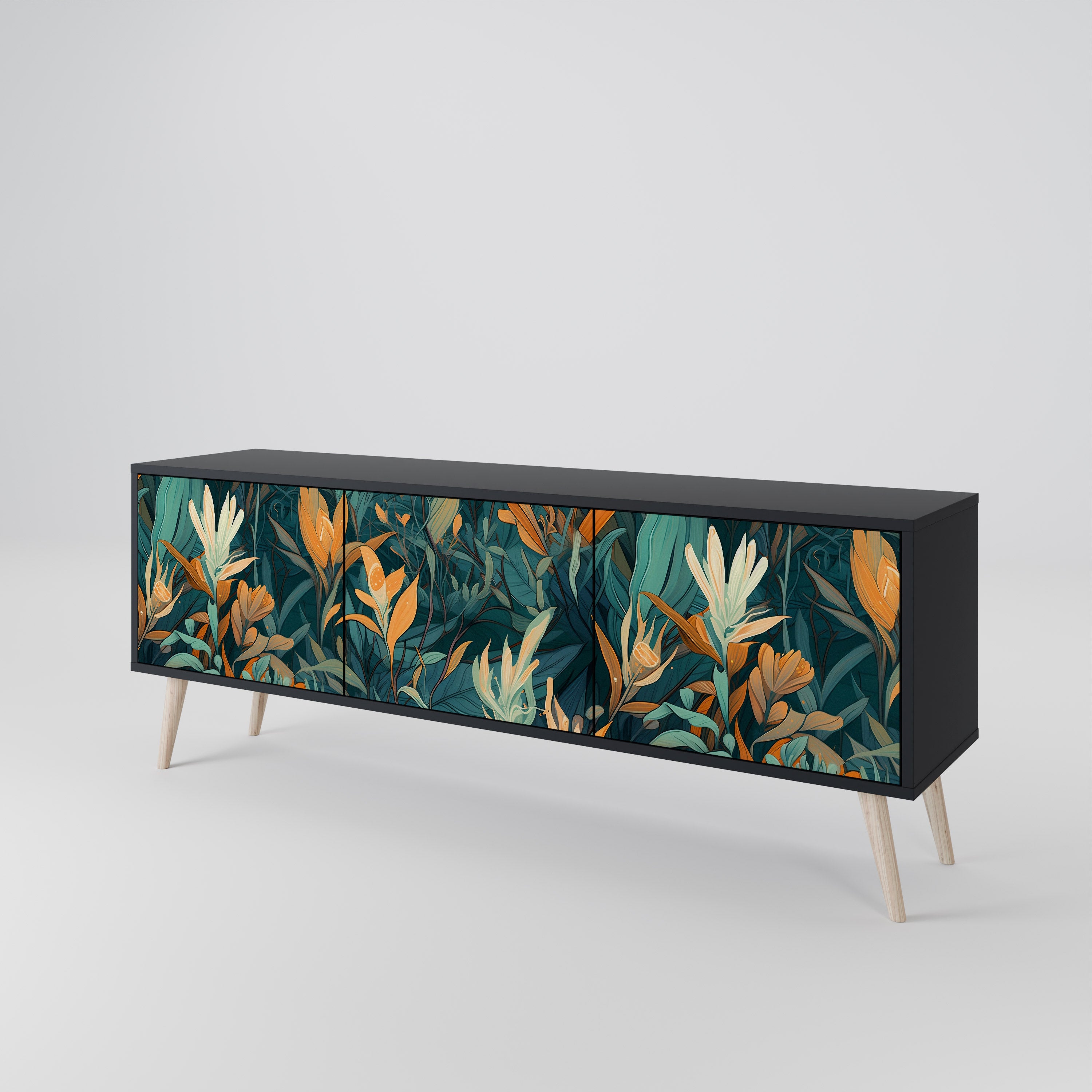 FLORAL SERENITY 3-Door TV Stand in Black Finish