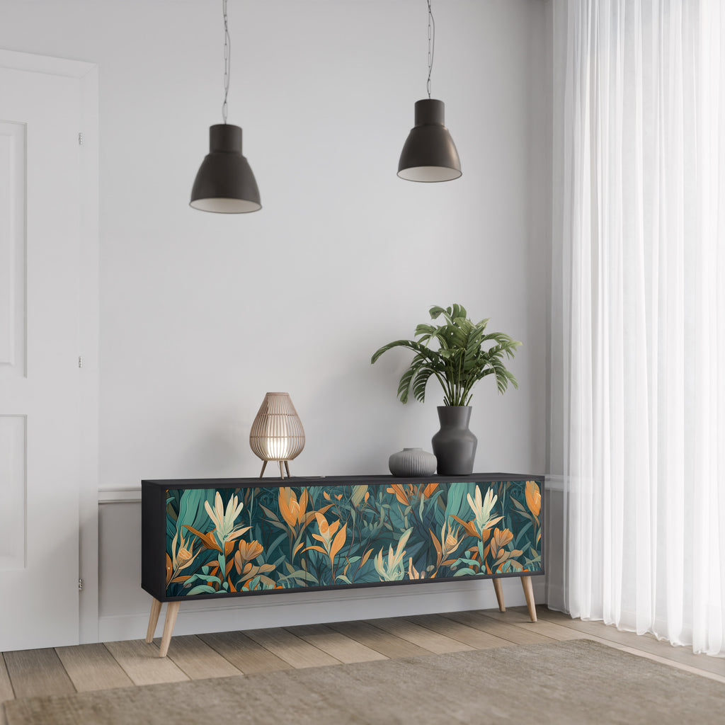 FLORAL SERENITY 3-Door TV Stand in Black Finish