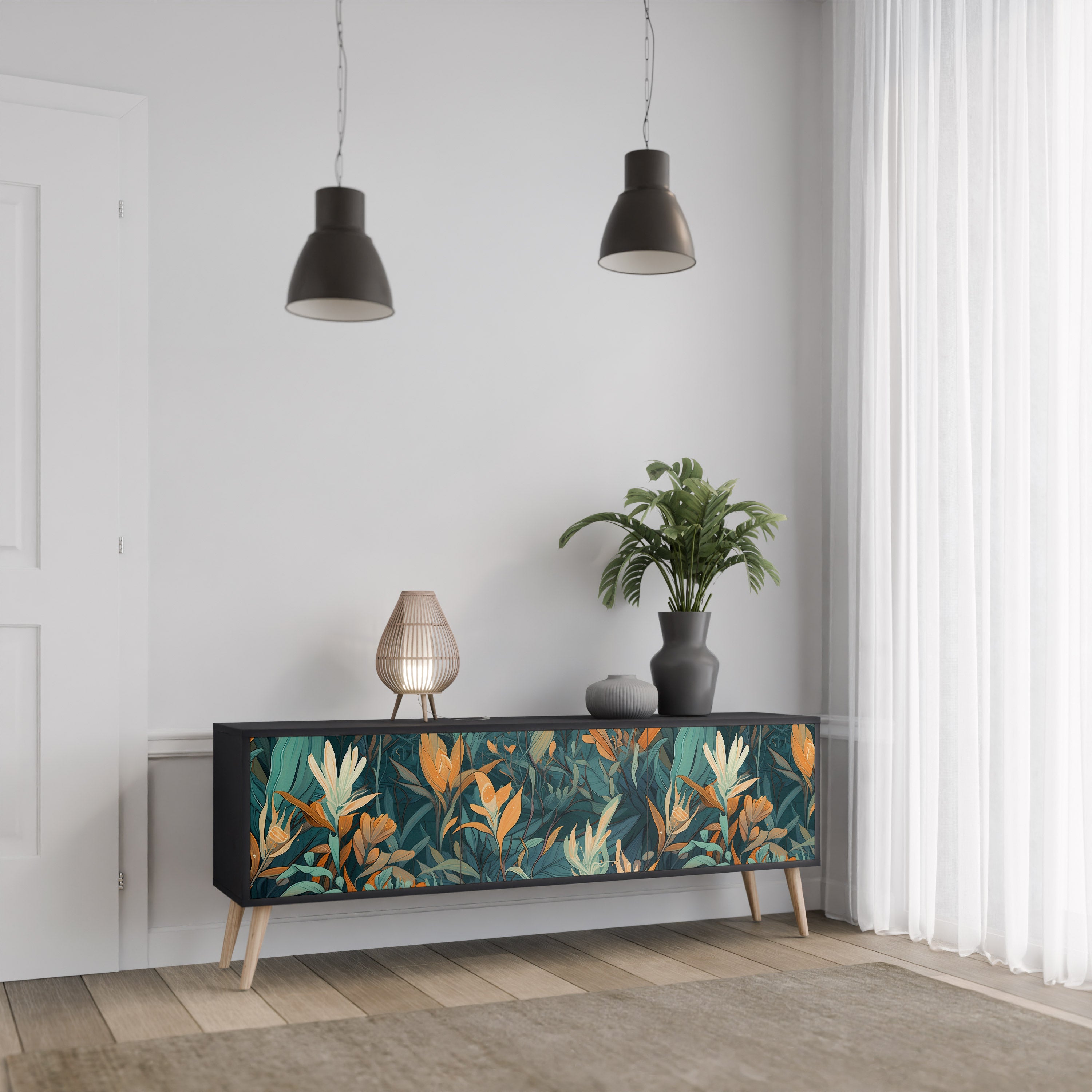 FLORAL SERENITY 3-Door TV Stand in Black Finish