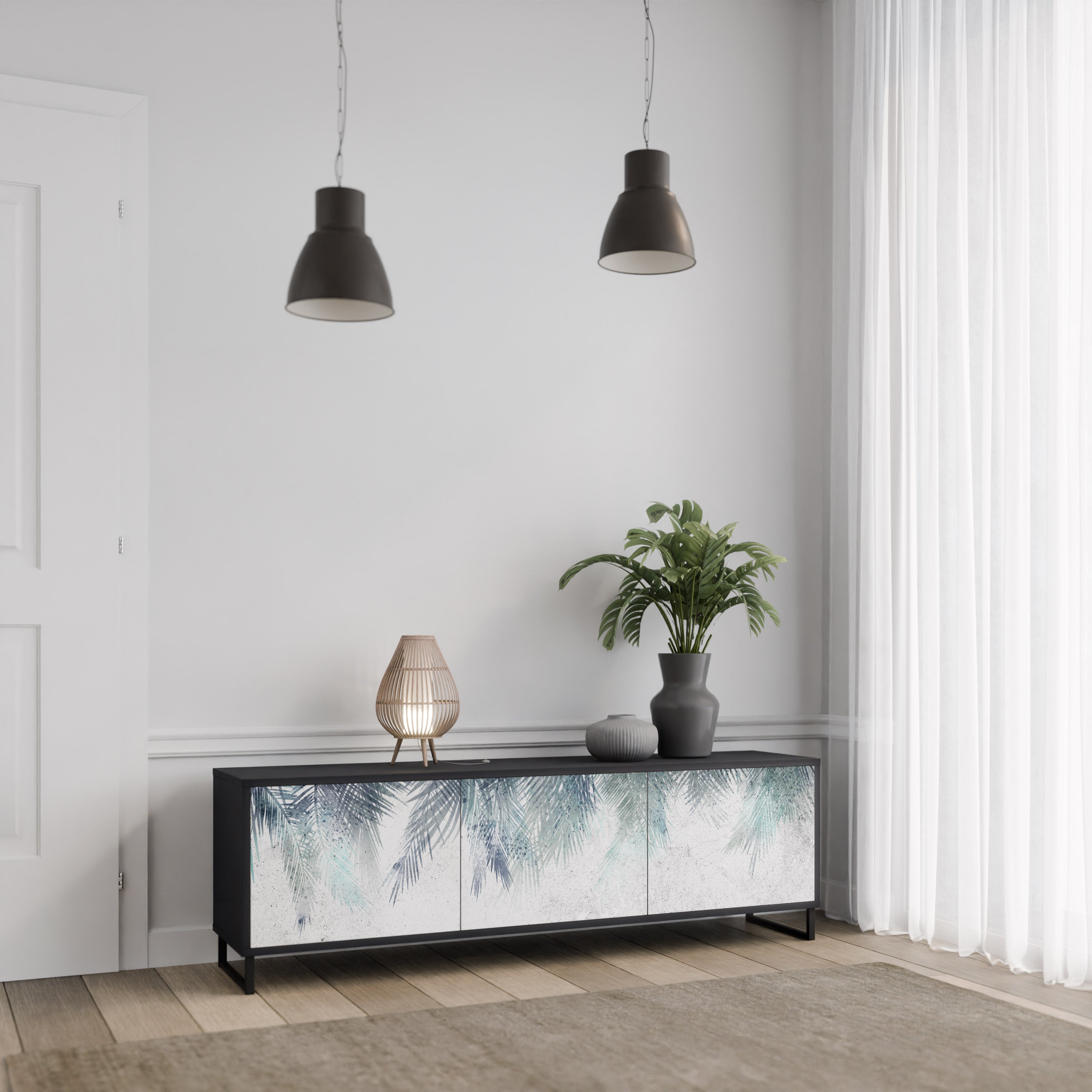 PALM VEIL 3-Door TV Stand in Black Finish
