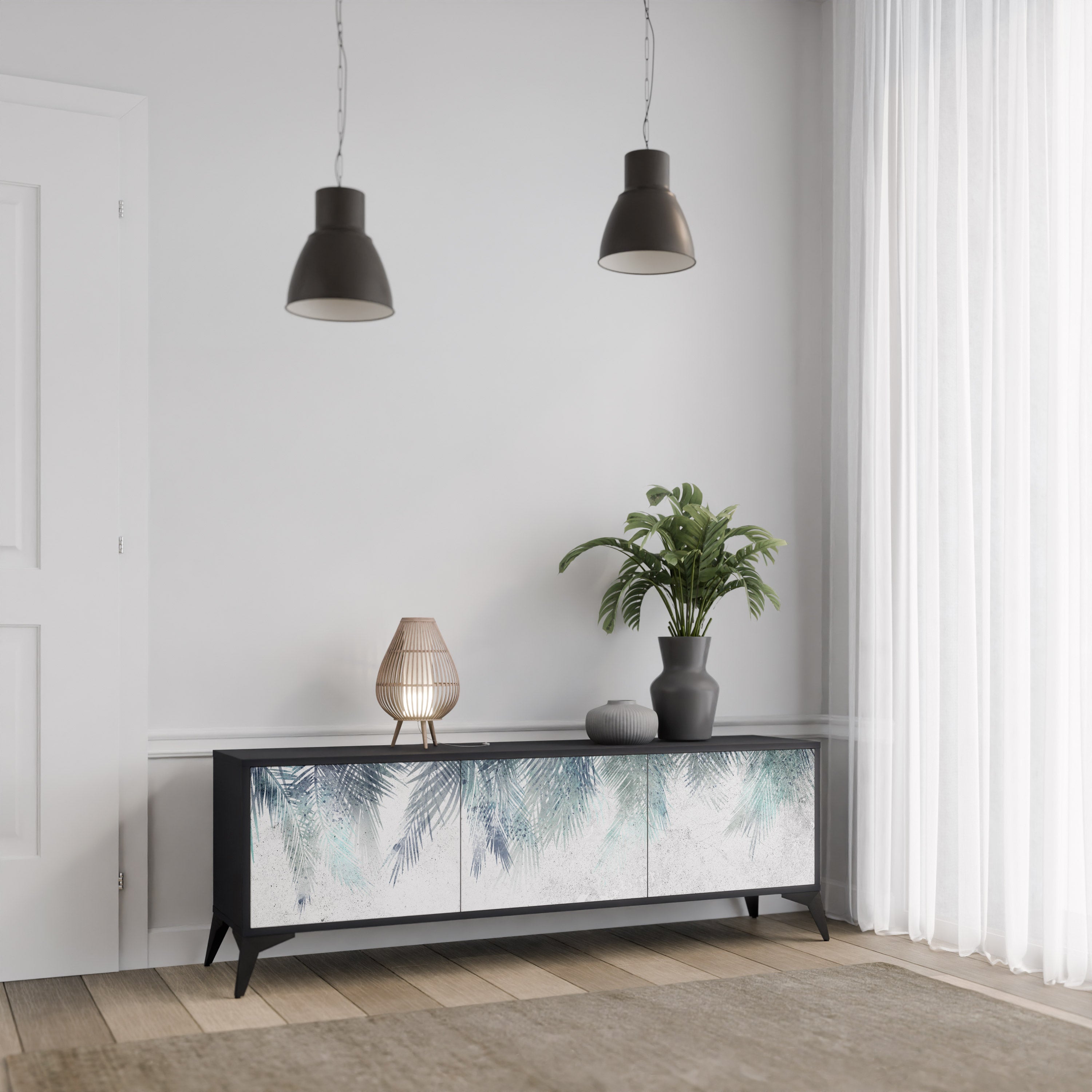 PALM VEIL 3-Door TV Stand in Black Finish