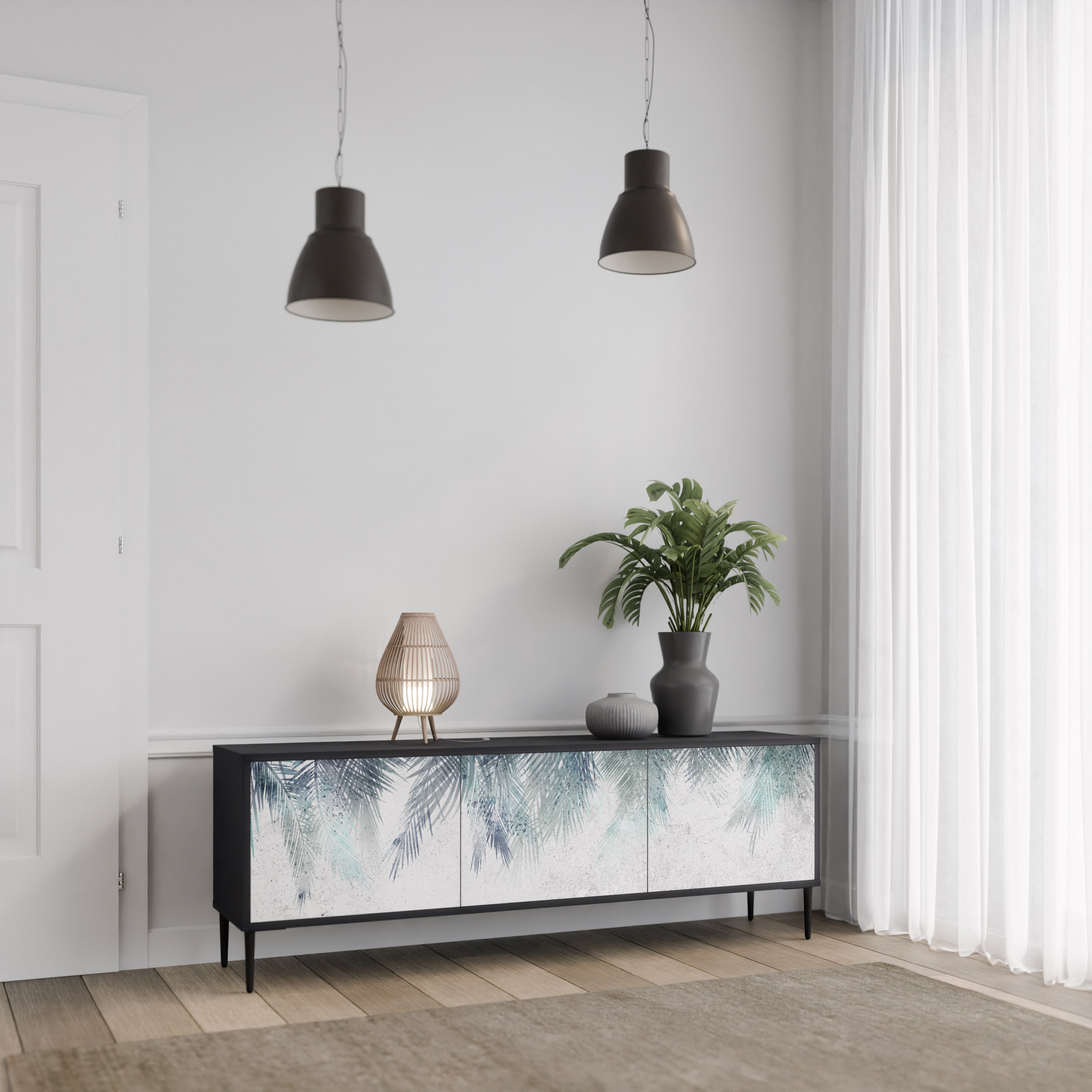 PALM VEIL 3-Door TV Stand in Black Finish