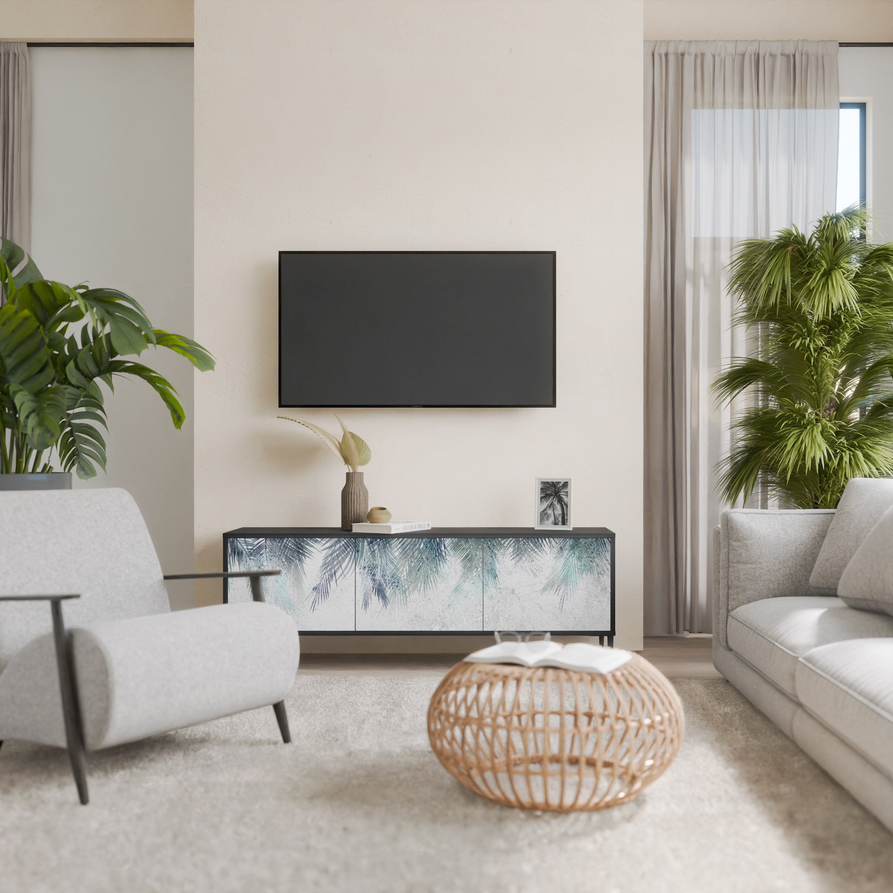 PALM VEIL 3-Door TV Stand in Black Finish