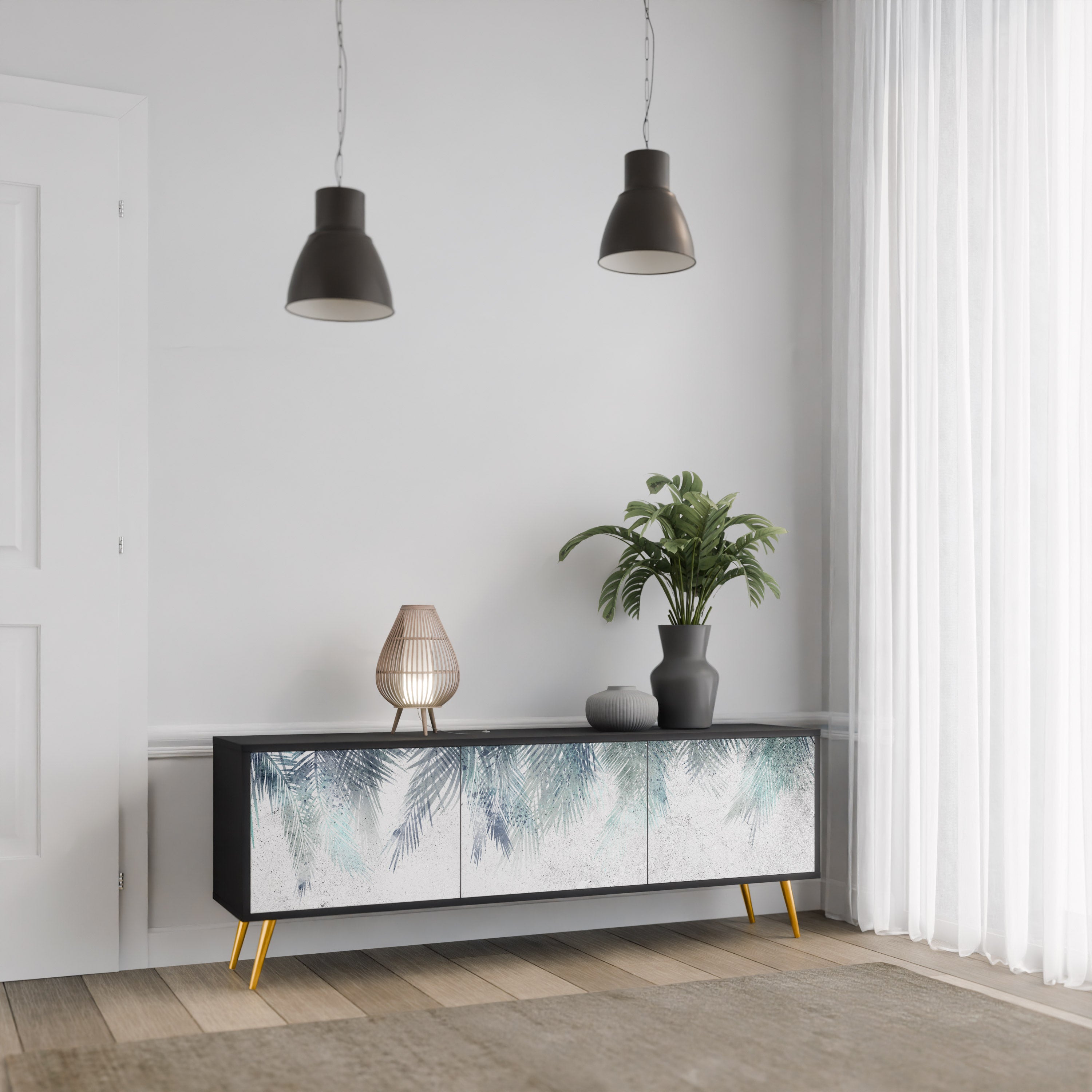 PALM VEIL 3-Door TV Stand in Black Finish