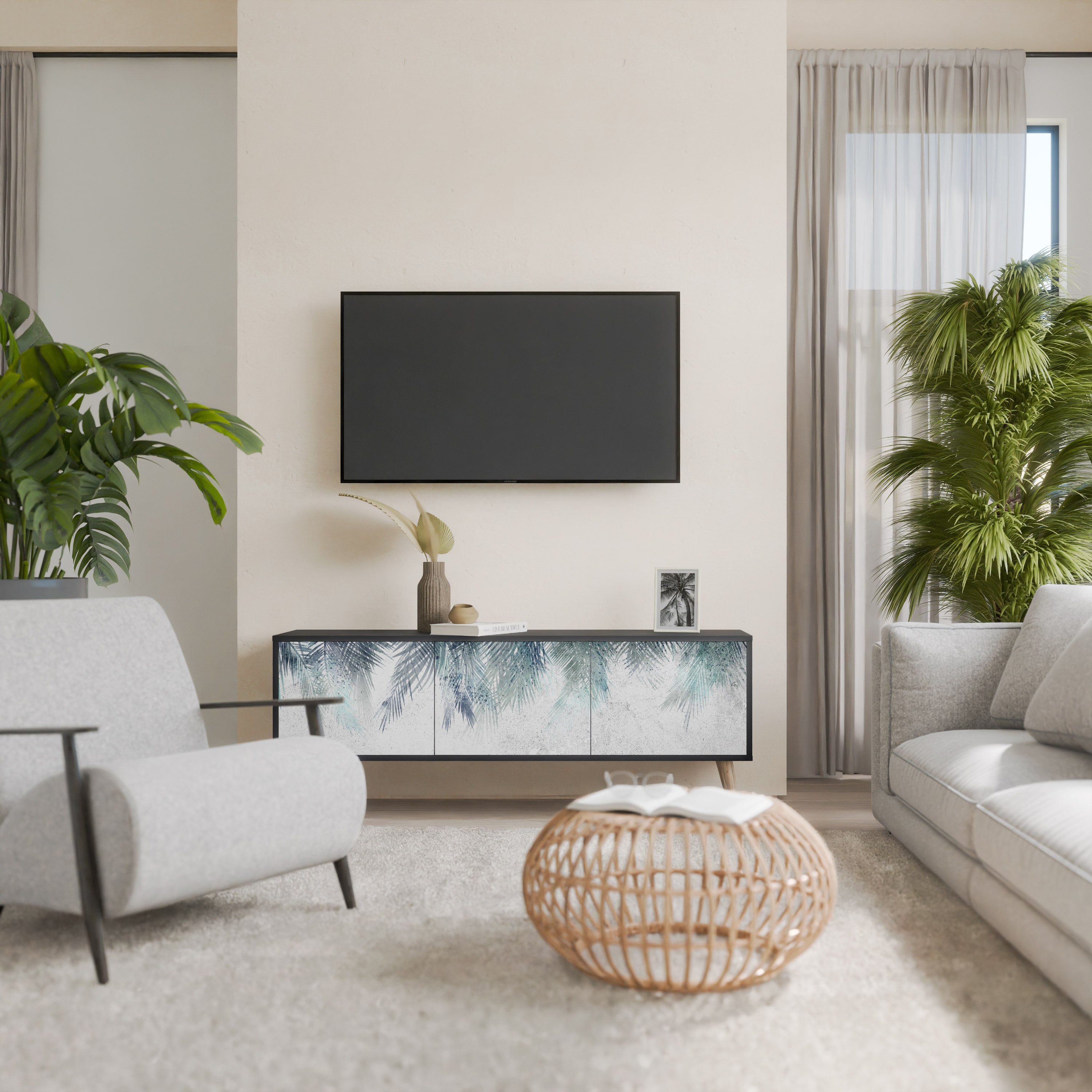 PALM VEIL 3-Door TV Stand in Black Finish