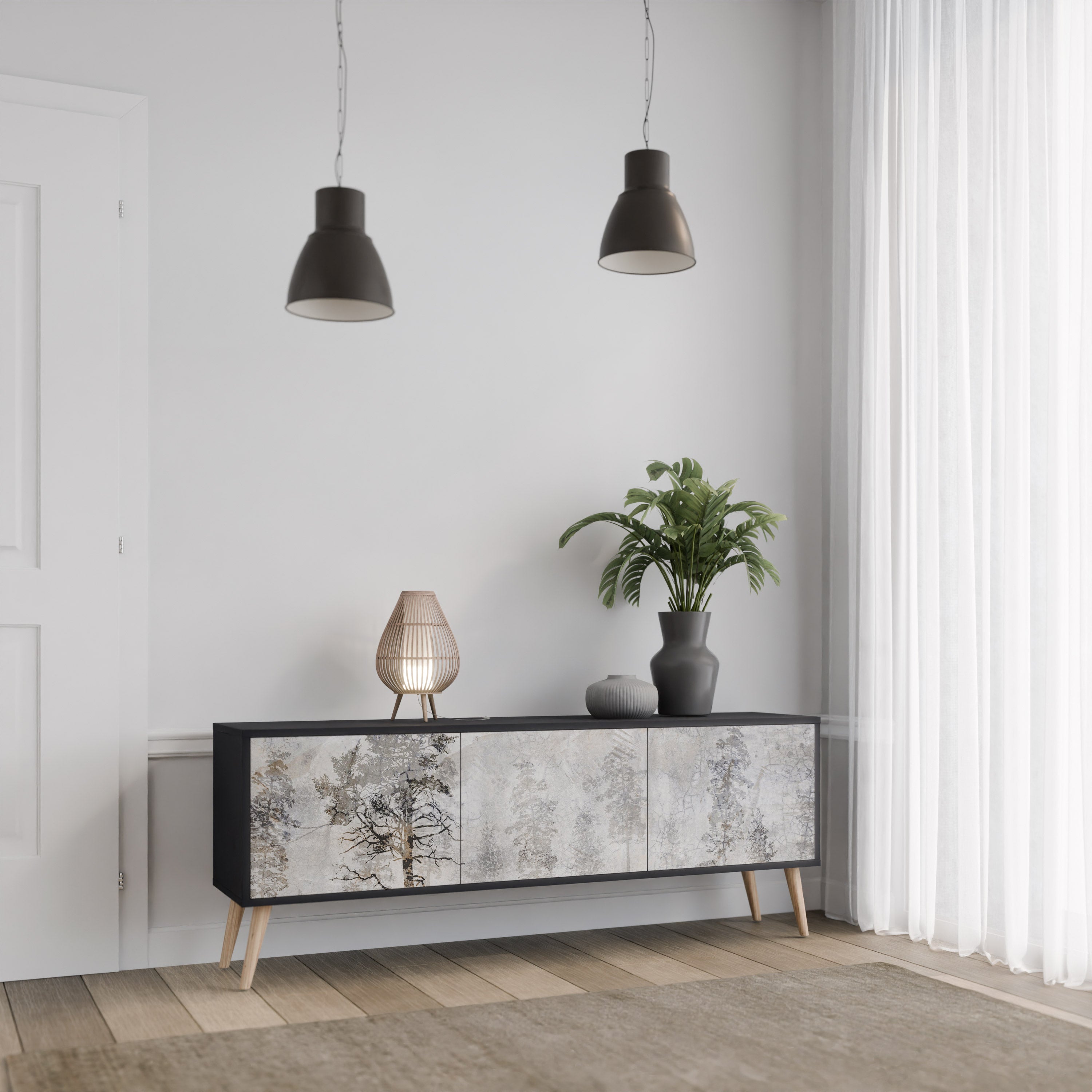FADE IN THE TREES 3-Door TV Stand in Black Finish