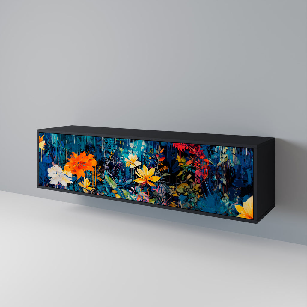 MIDNIGHT BLOSSOM 3-Door TV Stand in Black Finish