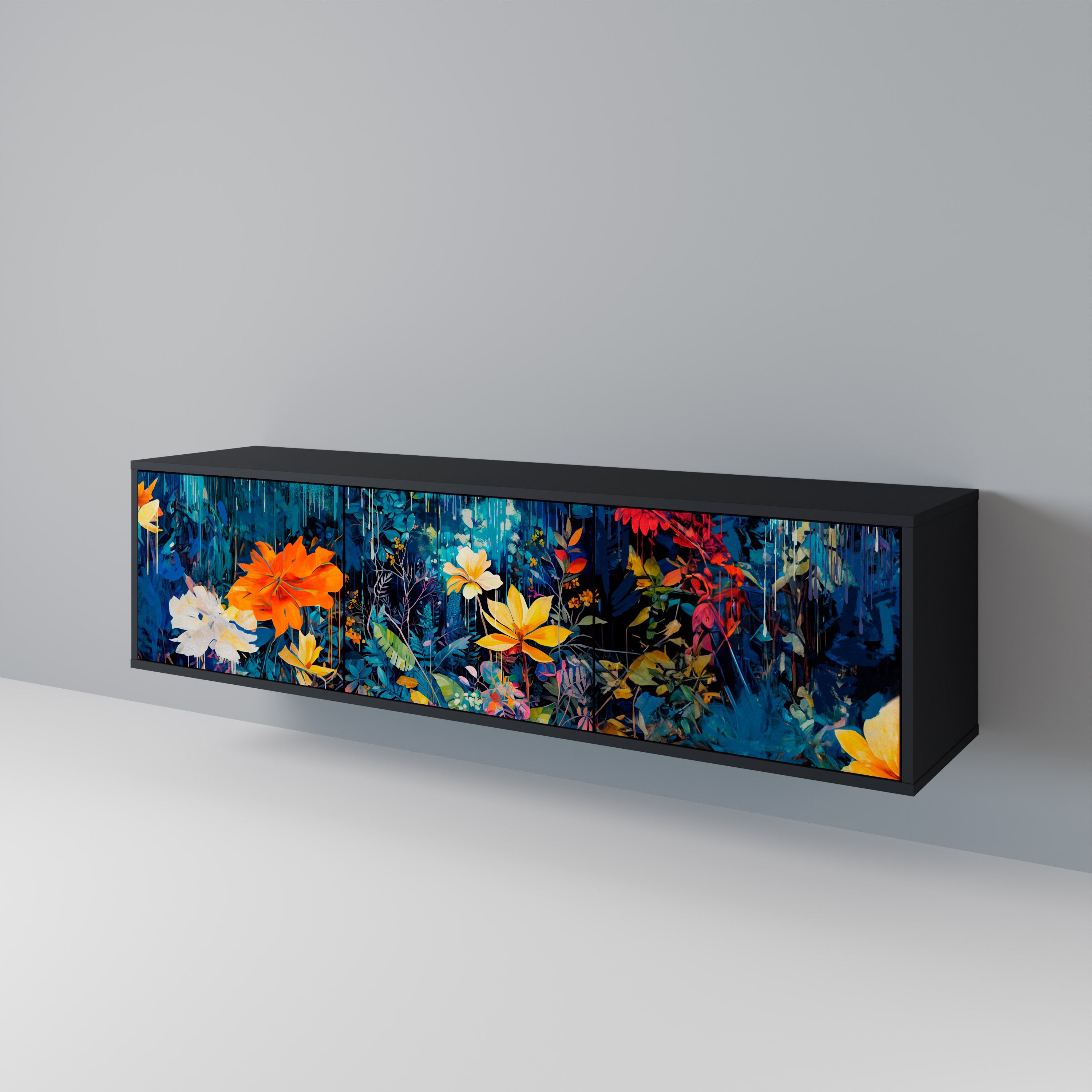 MIDNIGHT BLOSSOM 3-Door TV Stand in Black Finish