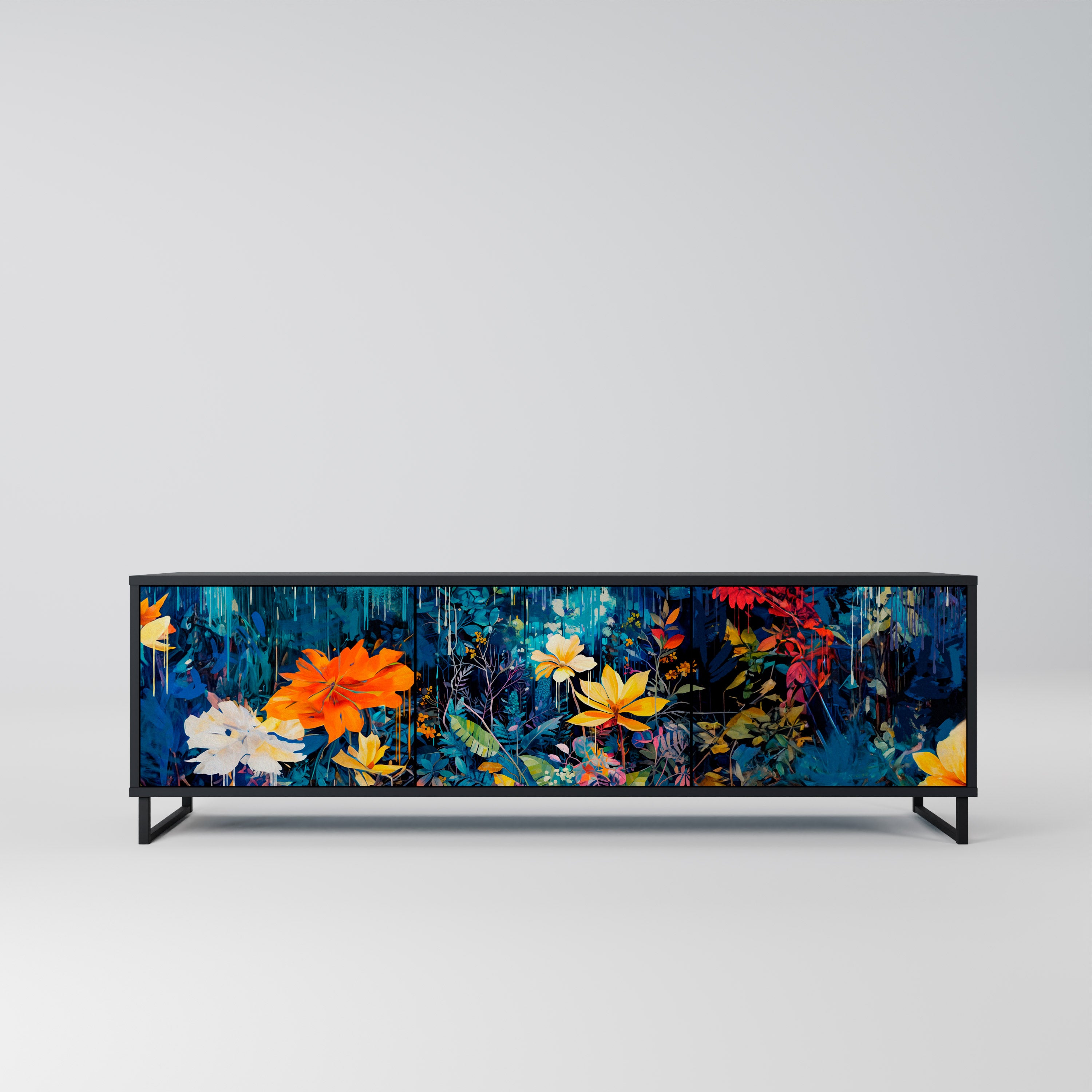 MIDNIGHT BLOSSOM 3-Door TV Stand in Black Finish