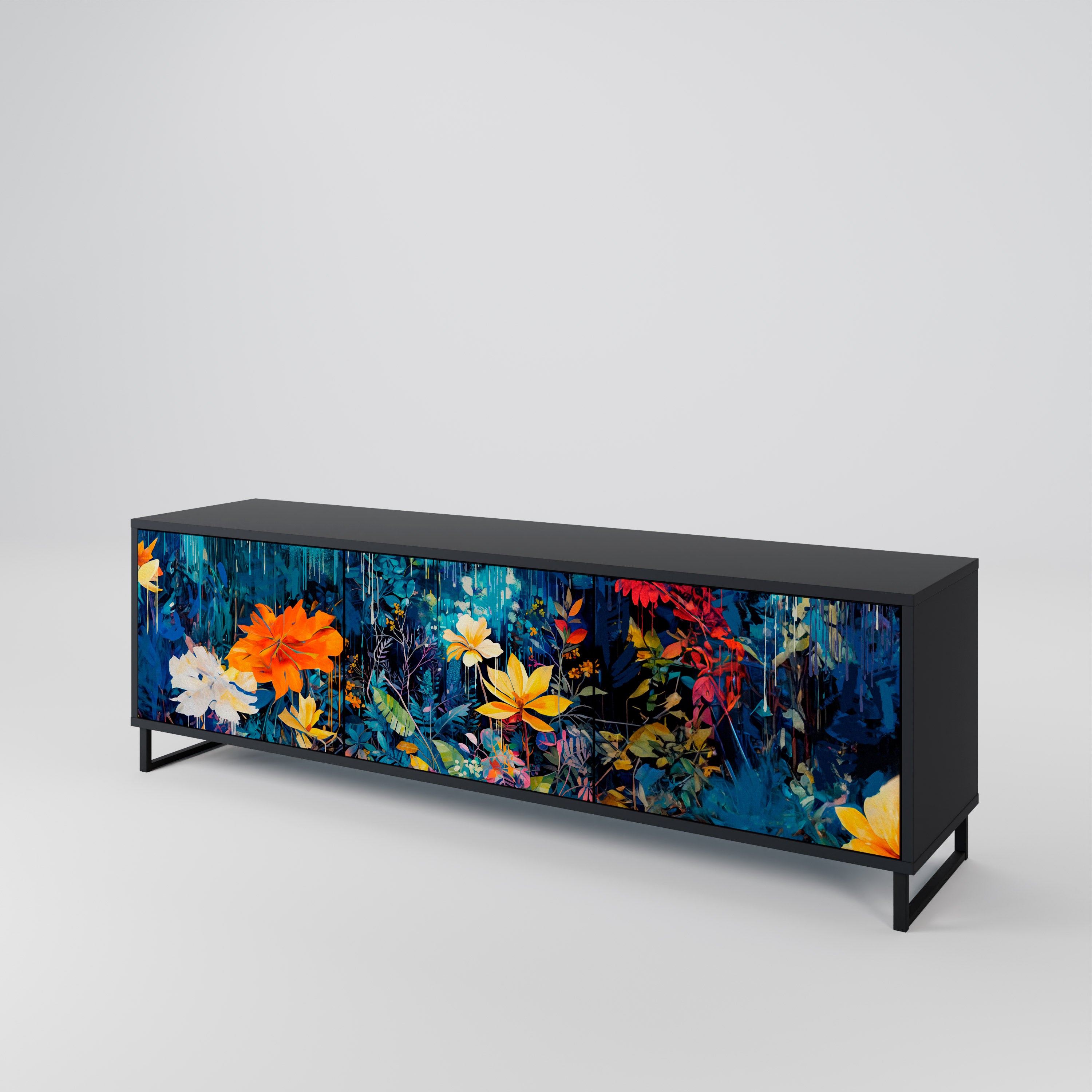 MIDNIGHT BLOSSOM 3-Door TV Stand in Black Finish