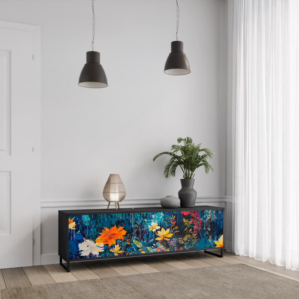 MIDNIGHT BLOSSOM 3-Door TV Stand in Black Finish