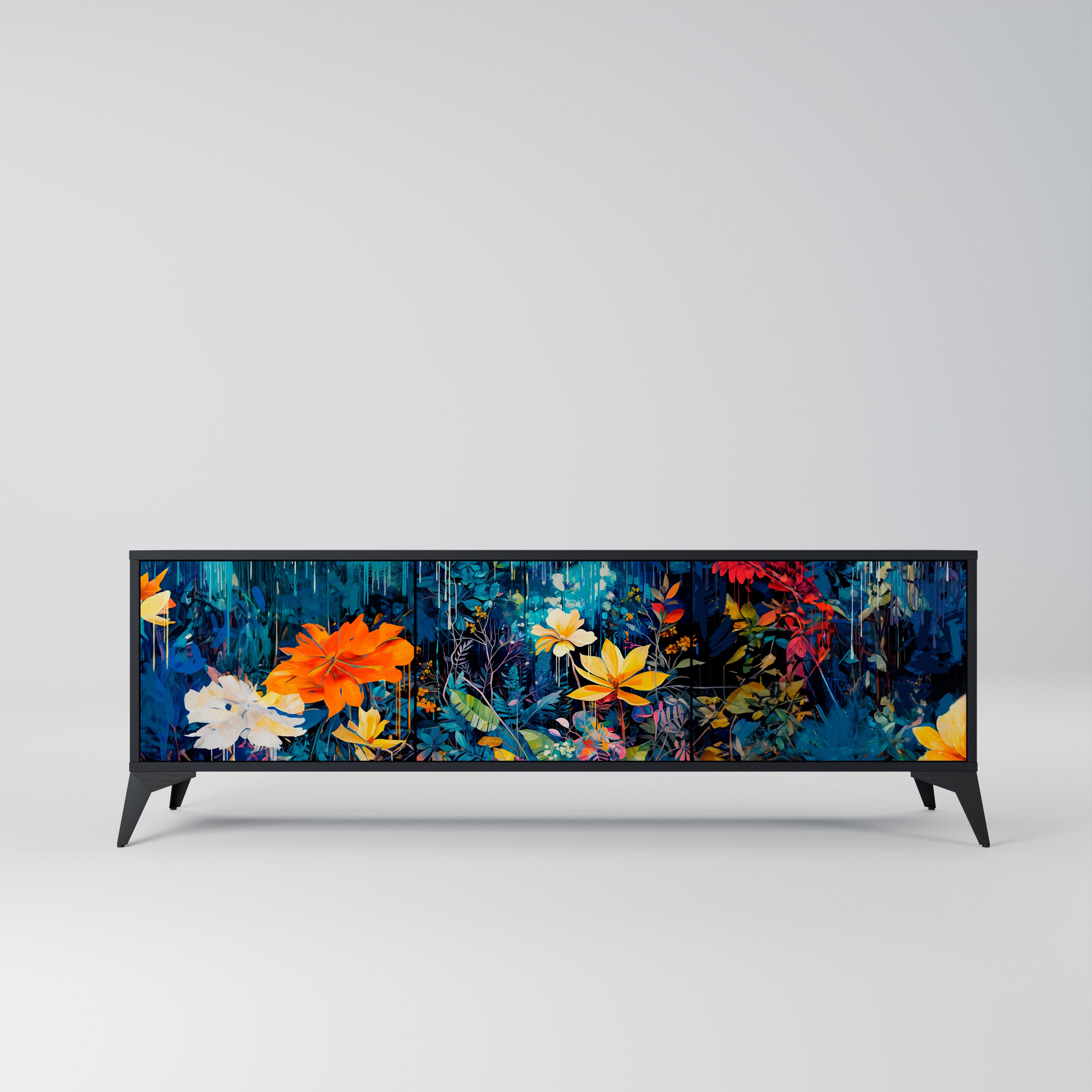 MIDNIGHT BLOSSOM 3-Door TV Stand in Black Finish