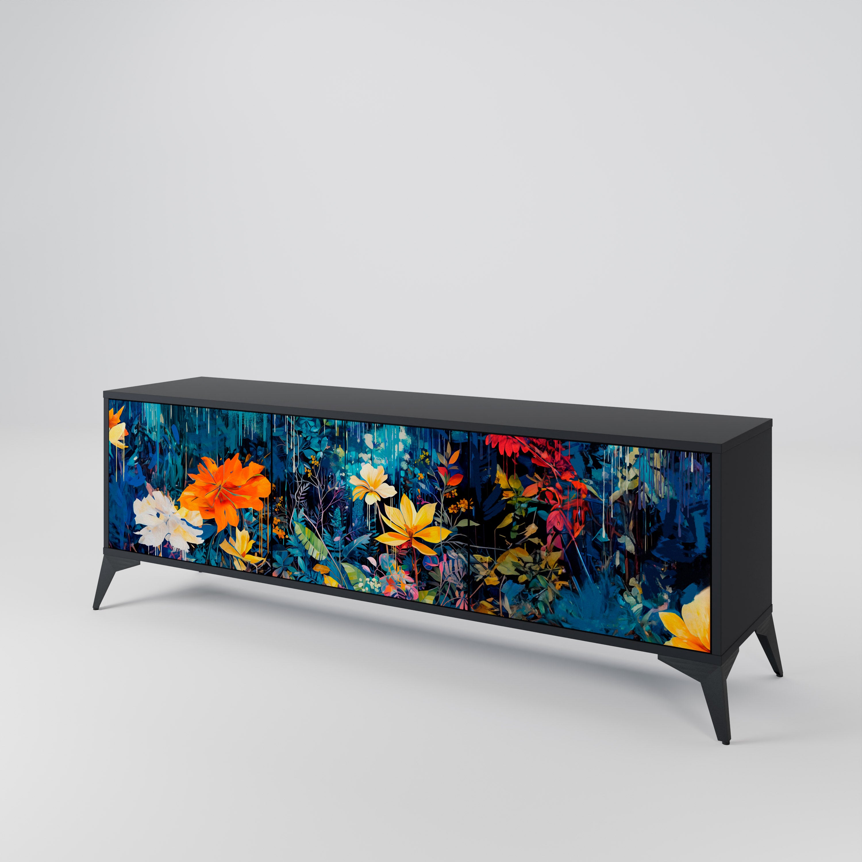 MIDNIGHT BLOSSOM 3-Door TV Stand in Black Finish