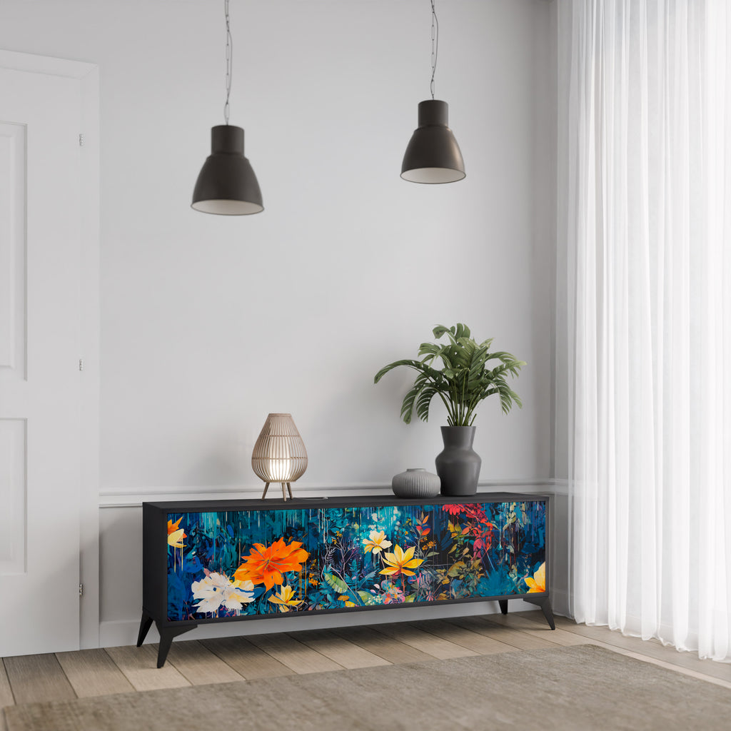 MIDNIGHT BLOSSOM 3-Door TV Stand in Black Finish