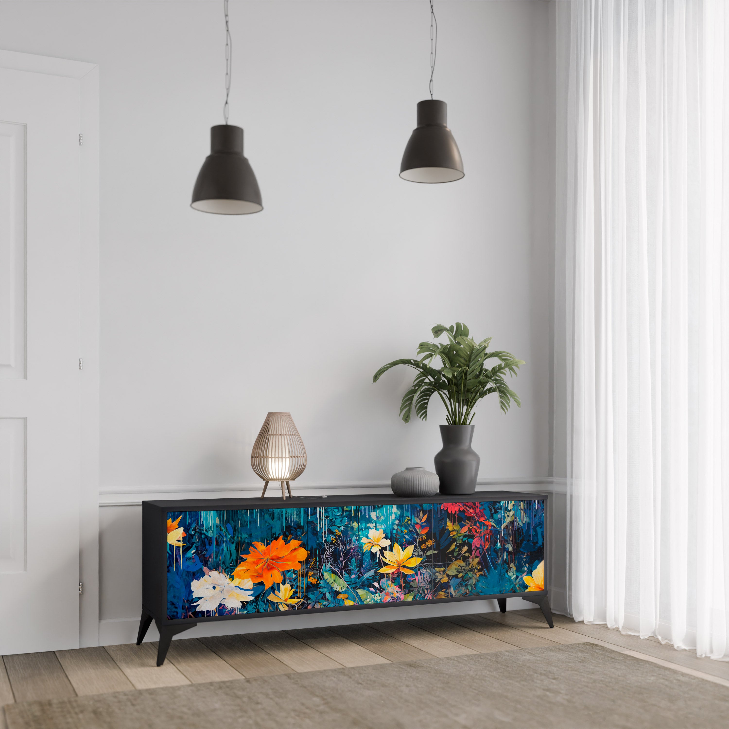 MIDNIGHT BLOSSOM 3-Door TV Stand in Black Finish