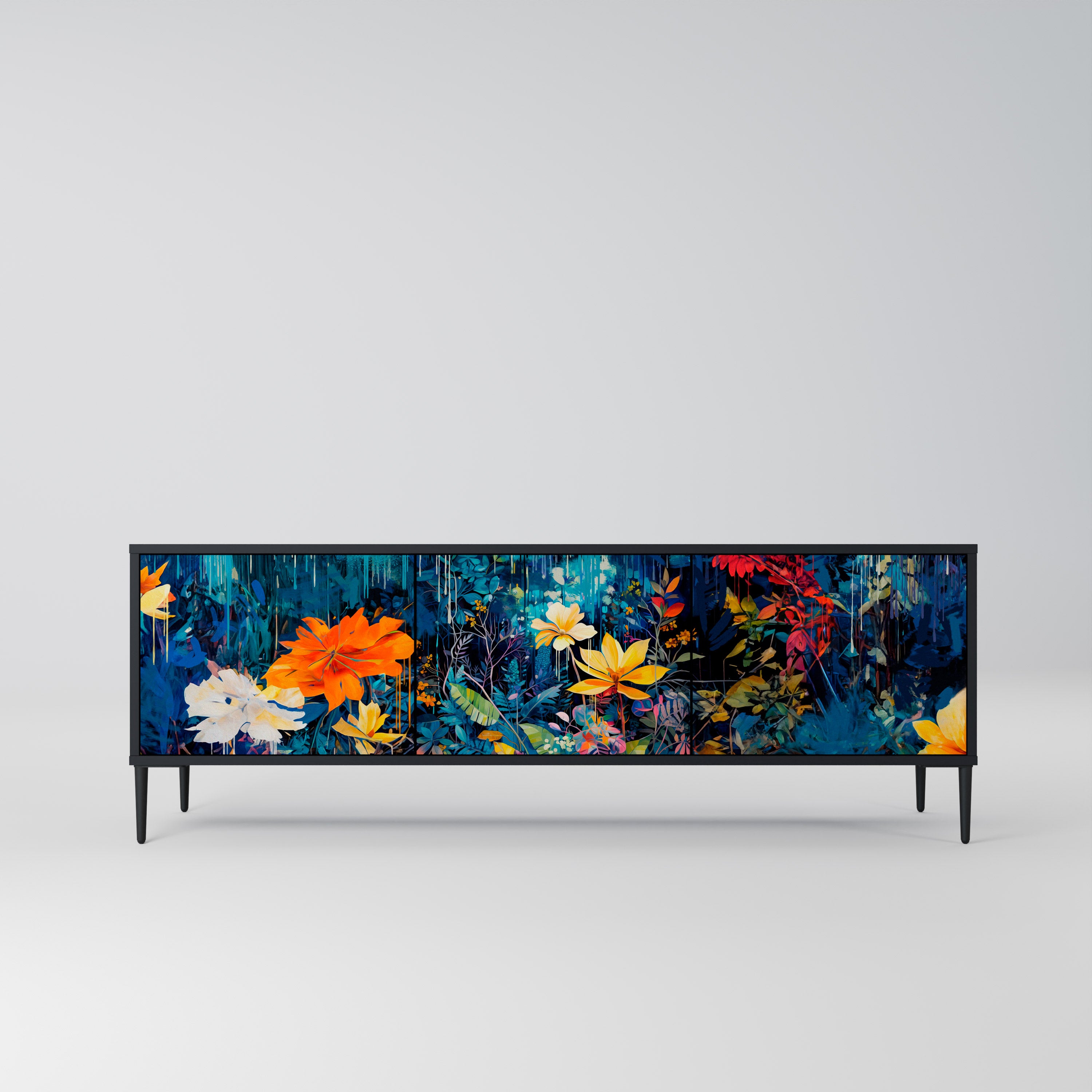 MIDNIGHT BLOSSOM 3-Door TV Stand in Black Finish