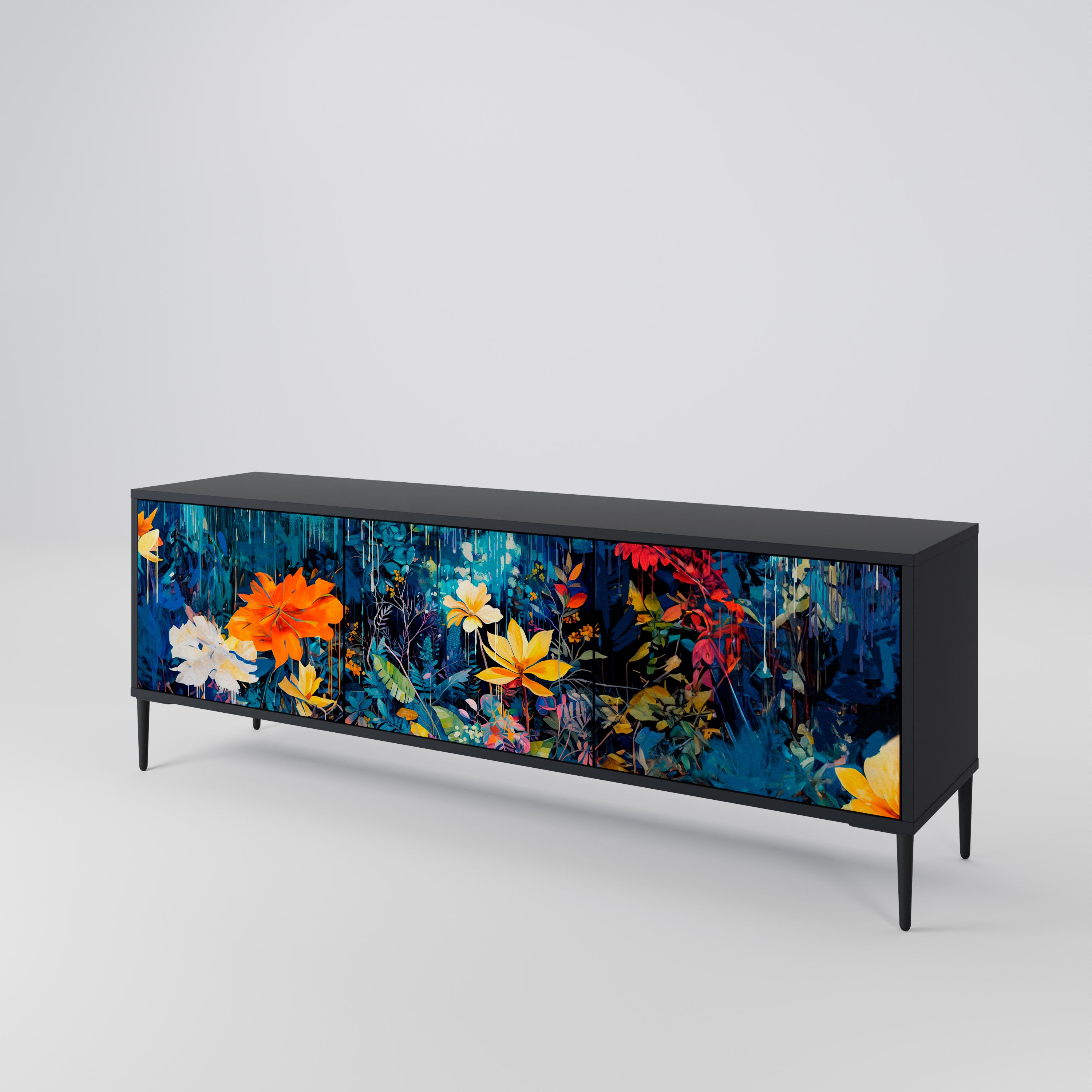 MIDNIGHT BLOSSOM 3-Door TV Stand in Black Finish