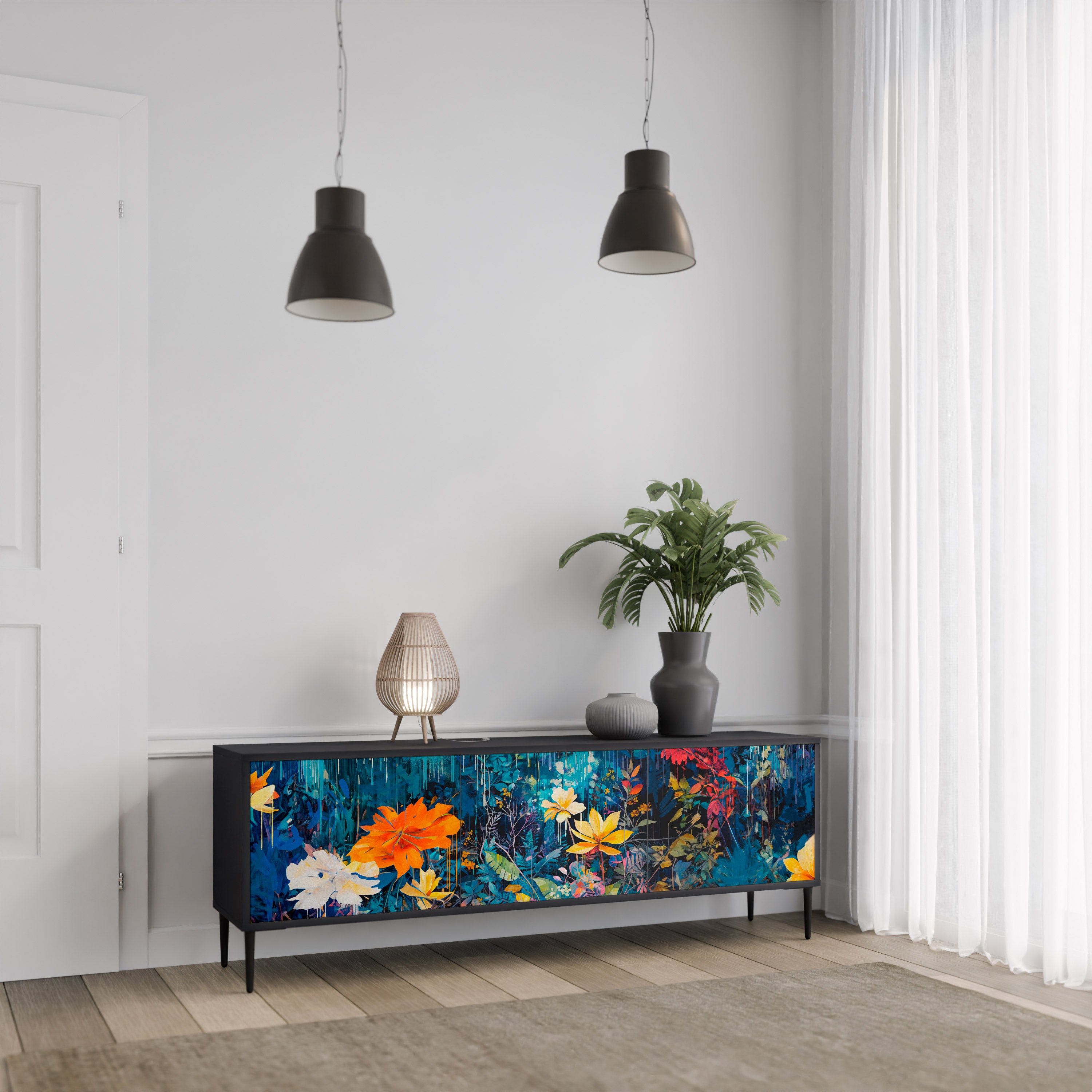 MIDNIGHT BLOSSOM 3-Door TV Stand in Black Finish