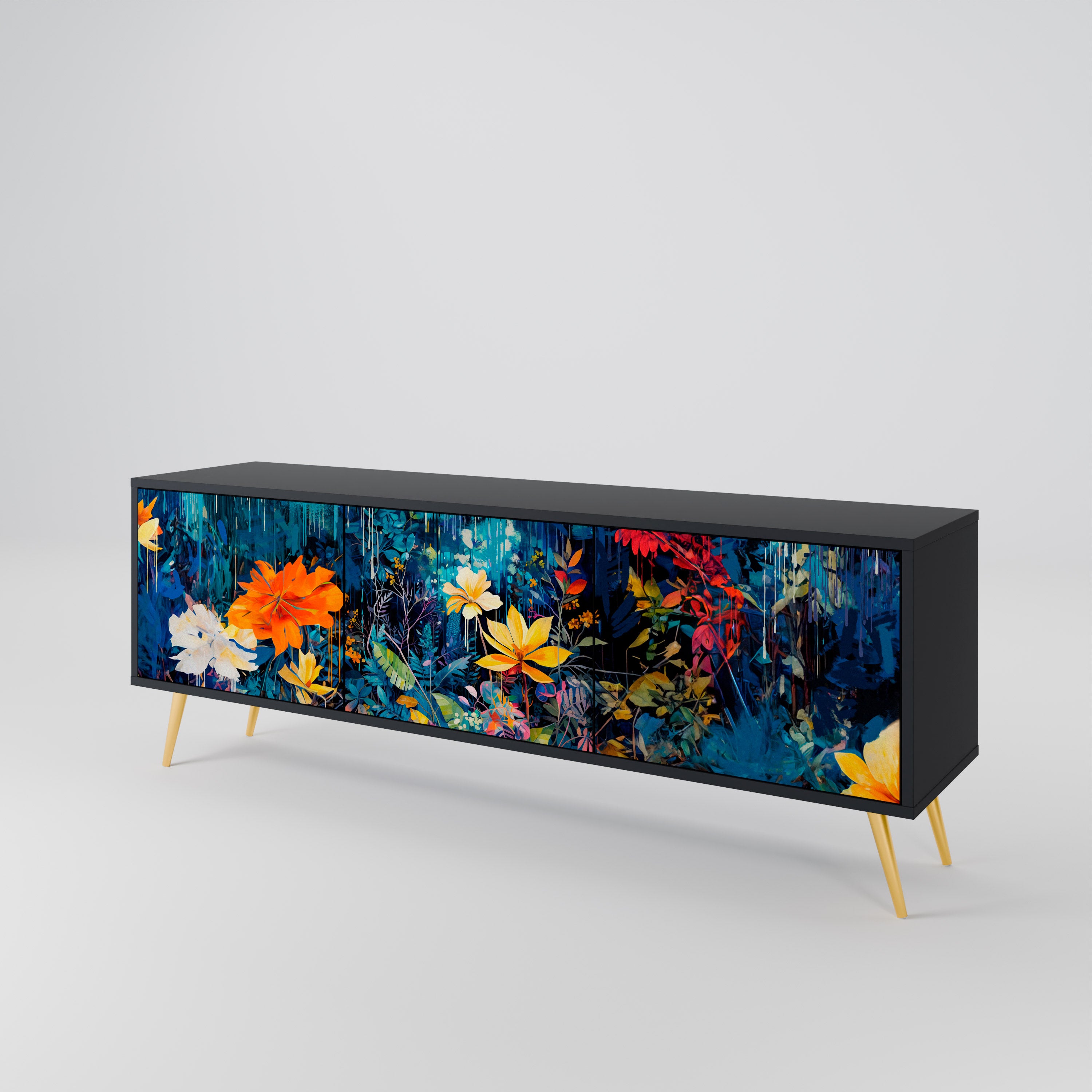 MIDNIGHT BLOSSOM 3-Door TV Stand in Black Finish