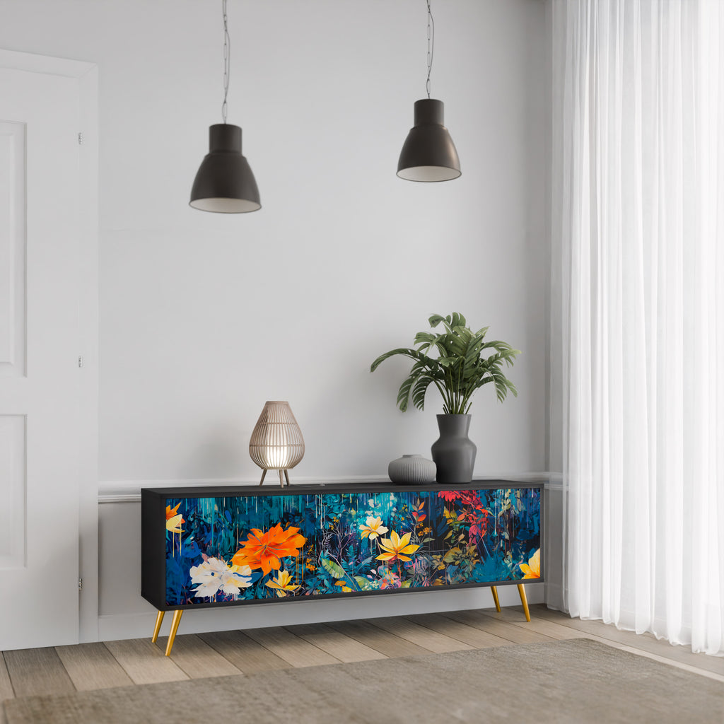 MIDNIGHT BLOSSOM 3-Door TV Stand in Black Finish
