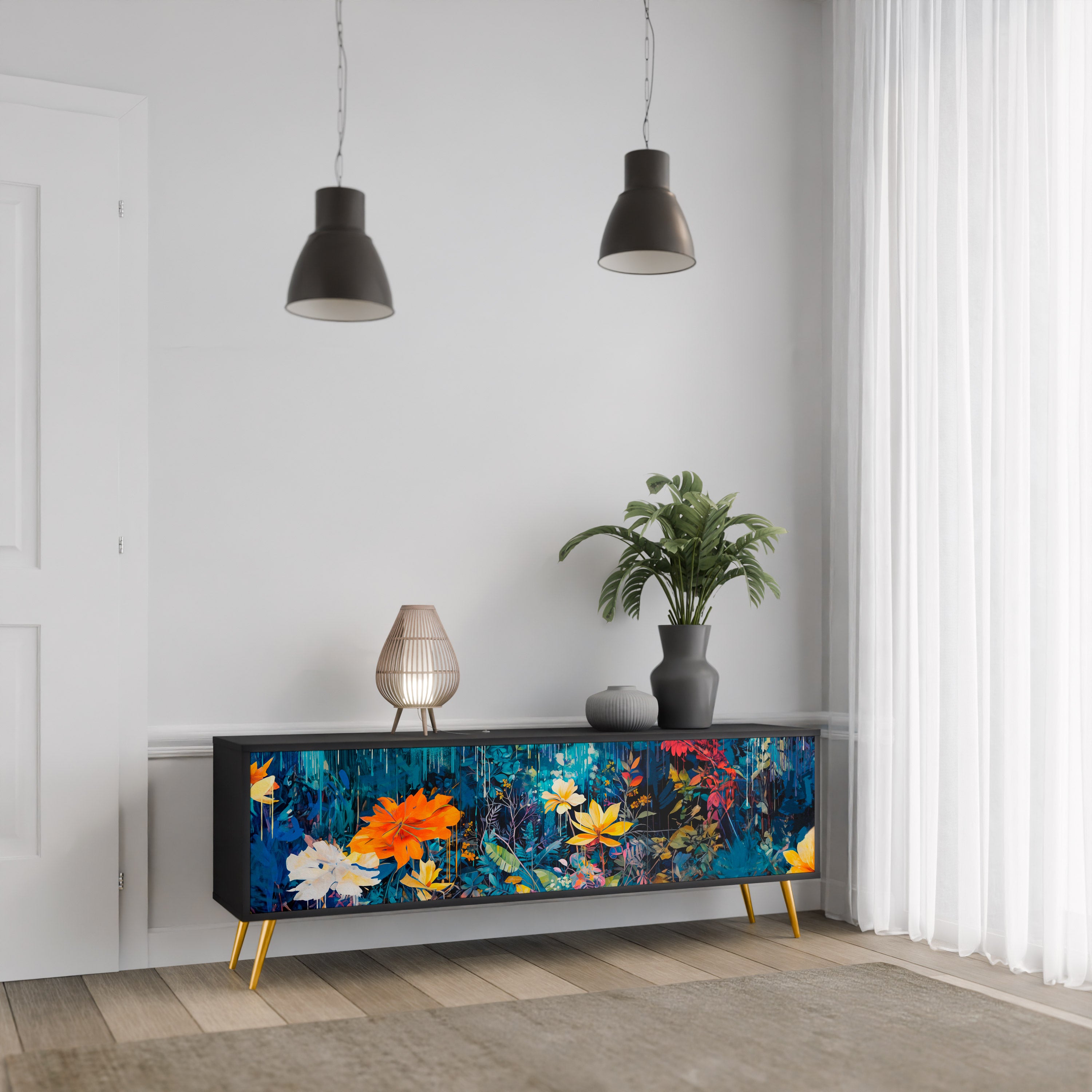 MIDNIGHT BLOSSOM 3-Door TV Stand in Black Finish