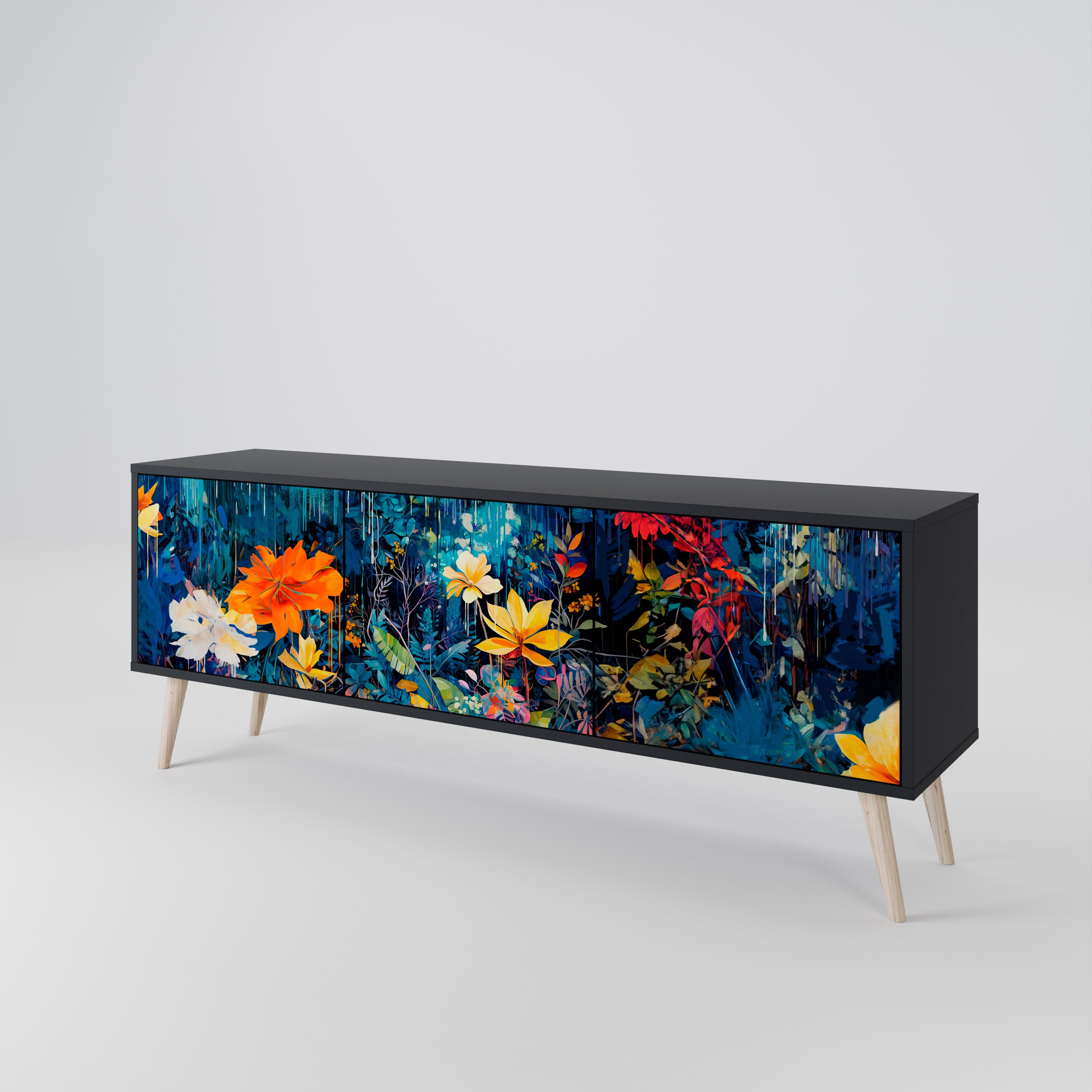 MIDNIGHT BLOSSOM 3-Door TV Stand in Black Finish