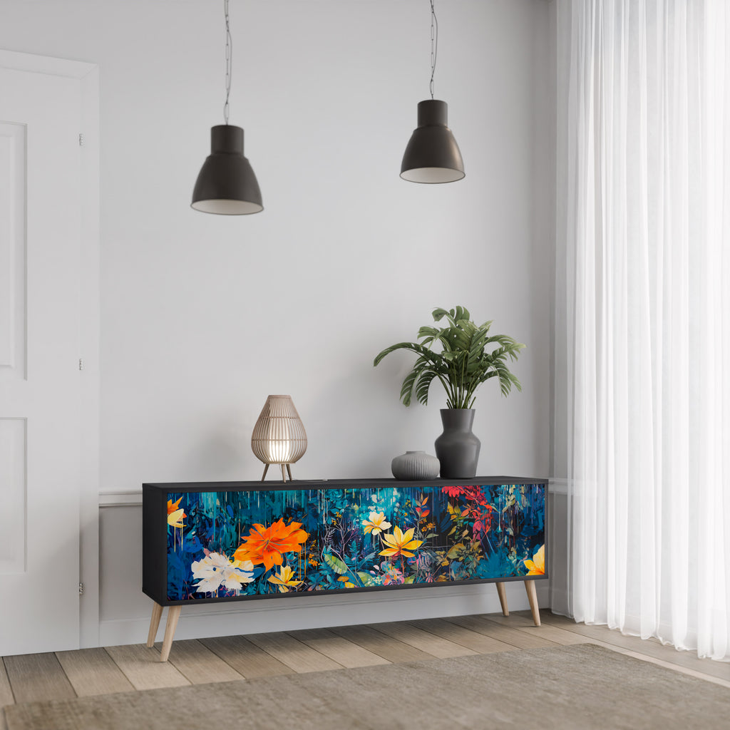 MIDNIGHT BLOSSOM 3-Door TV Stand in Black Finish