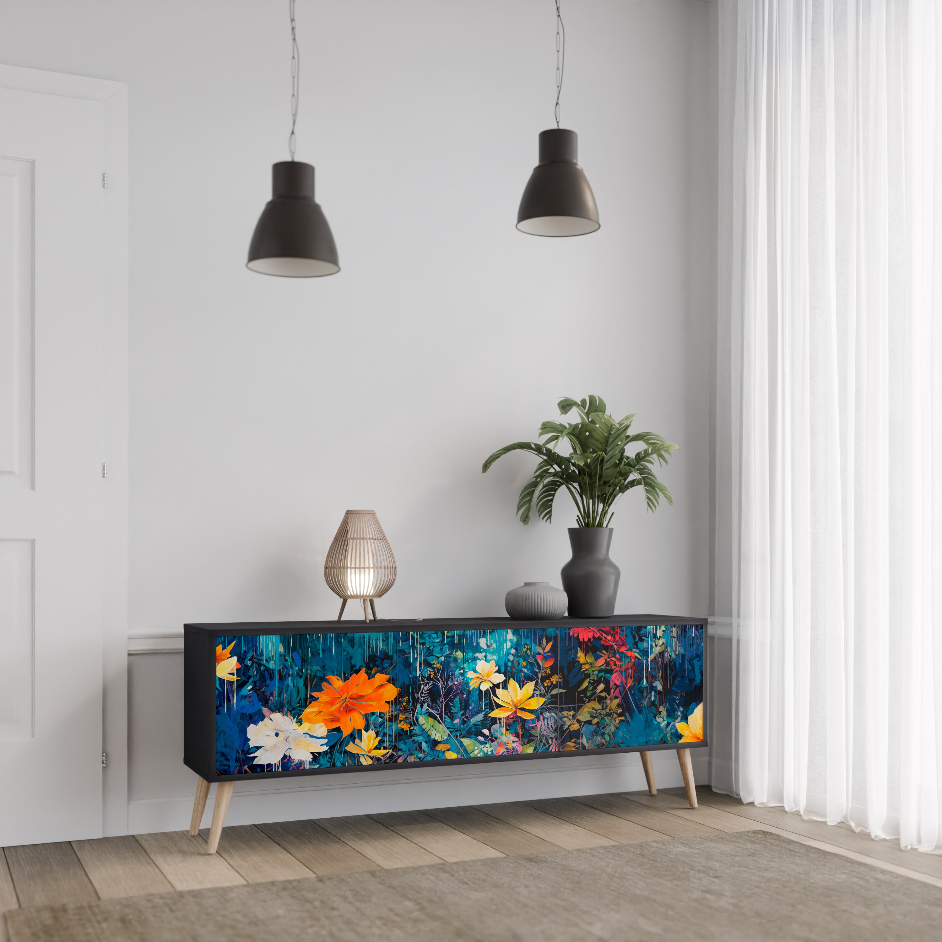 MIDNIGHT BLOSSOM 3-Door TV Stand in Black Finish