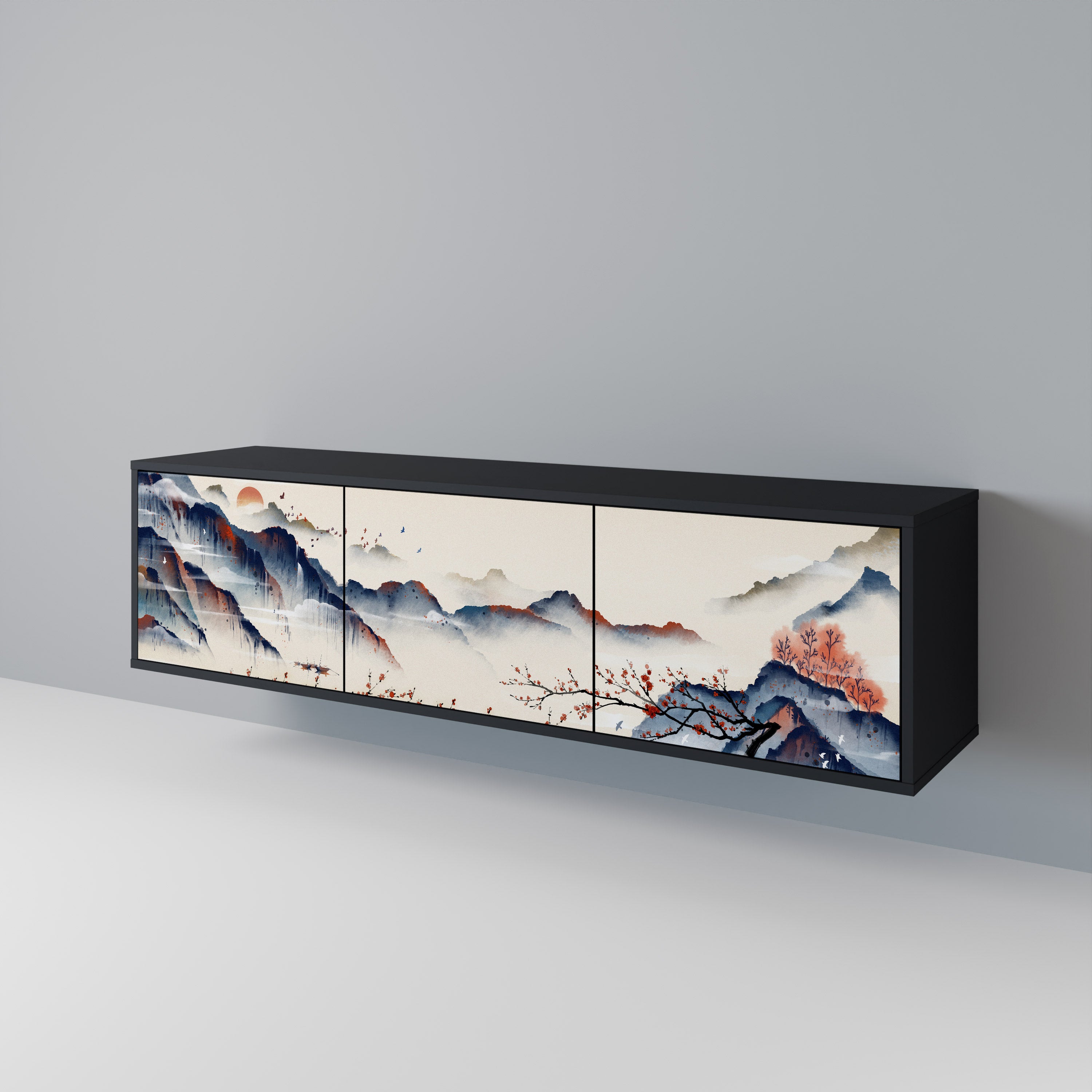 JAPANESE LANDSCAPE 3-Door TV Stand in Black Finish