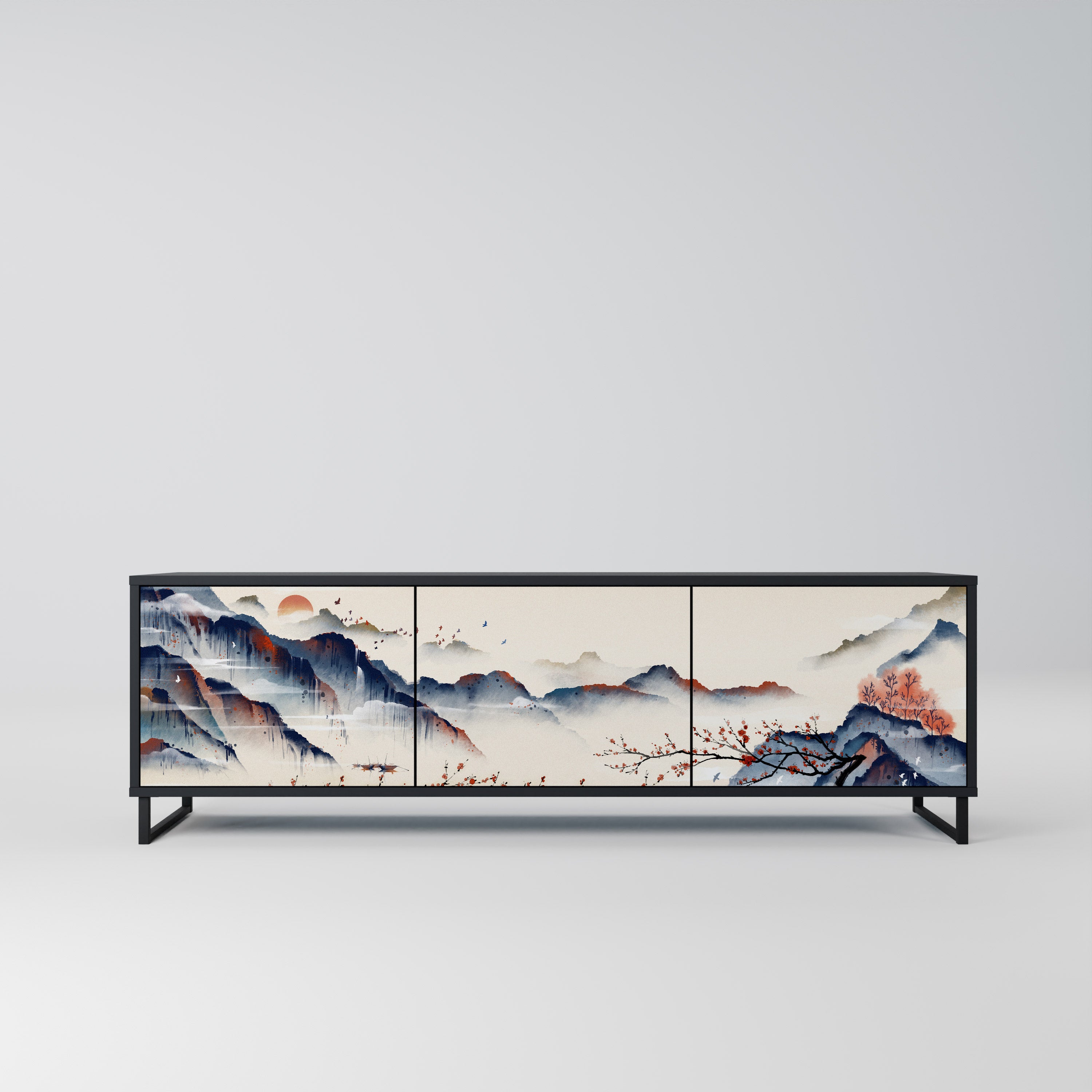 JAPANESE LANDSCAPE 3-Door TV Stand in Black Finish