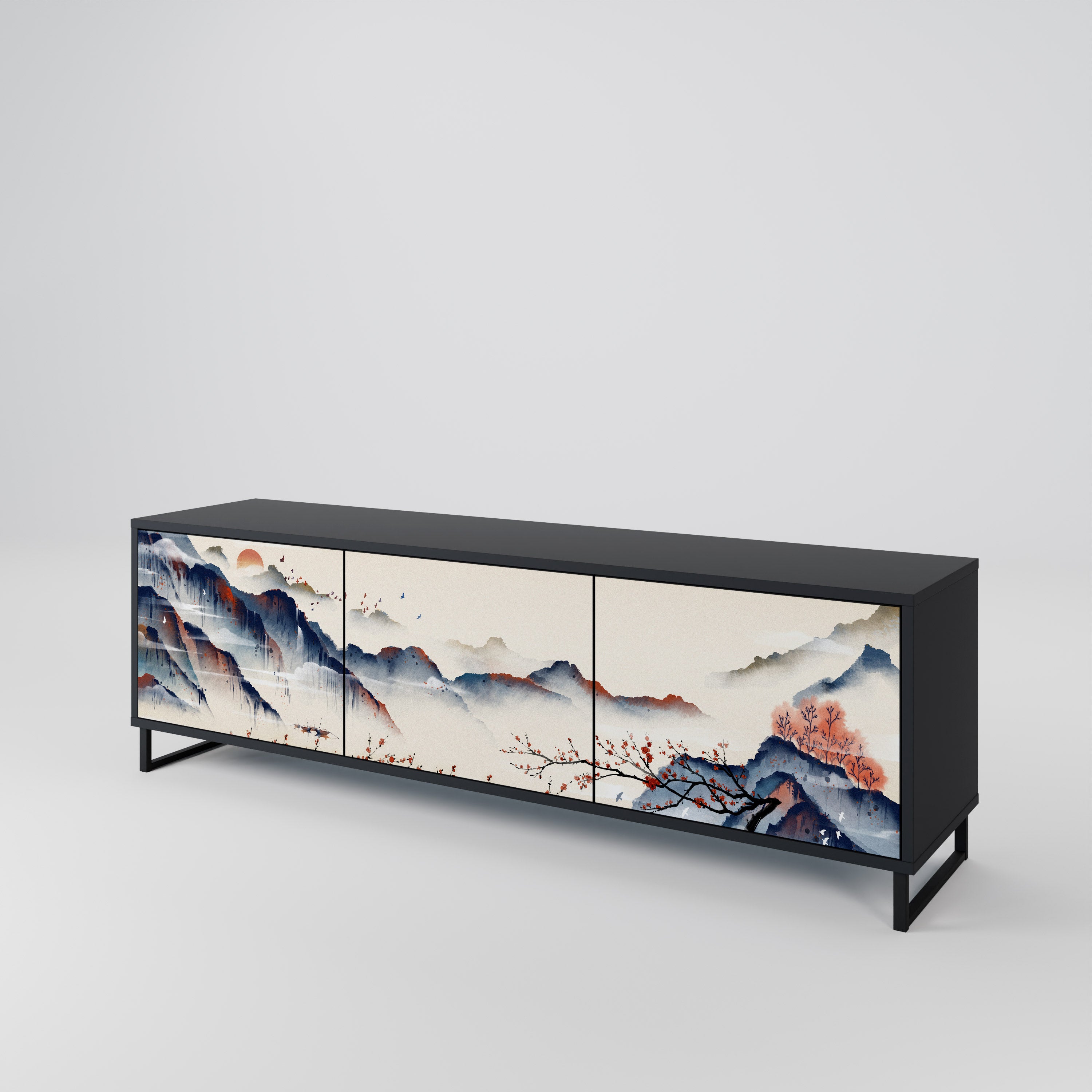 JAPANESE LANDSCAPE 3-Door TV Stand in Black Finish