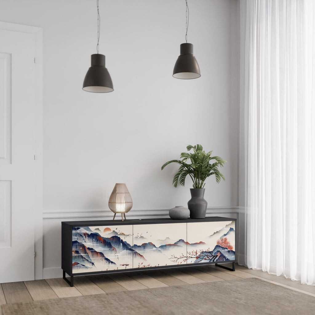 JAPANESE LANDSCAPE 3-Door TV Stand in Black Finish