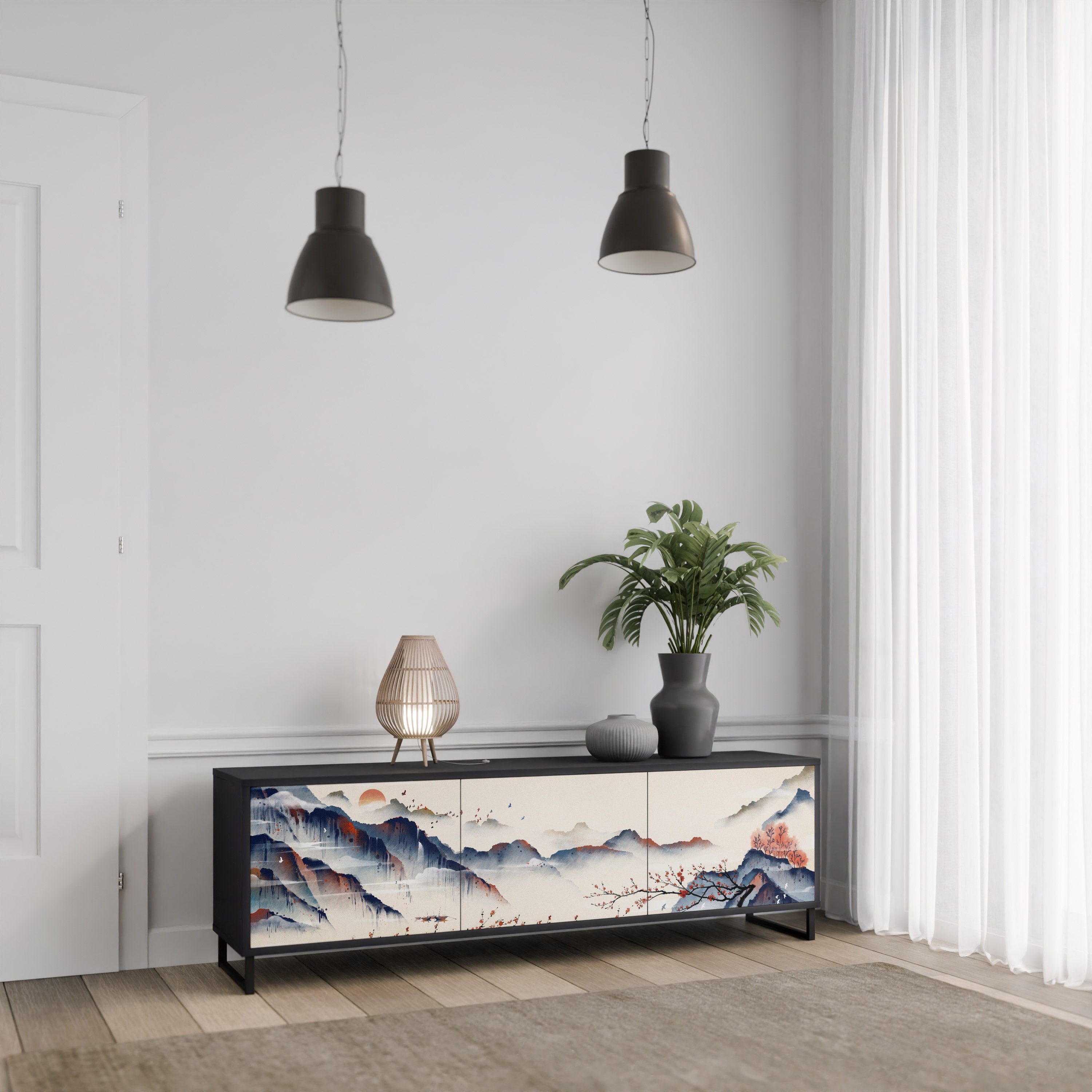 JAPANESE LANDSCAPE 3-Door TV Stand in Black Finish