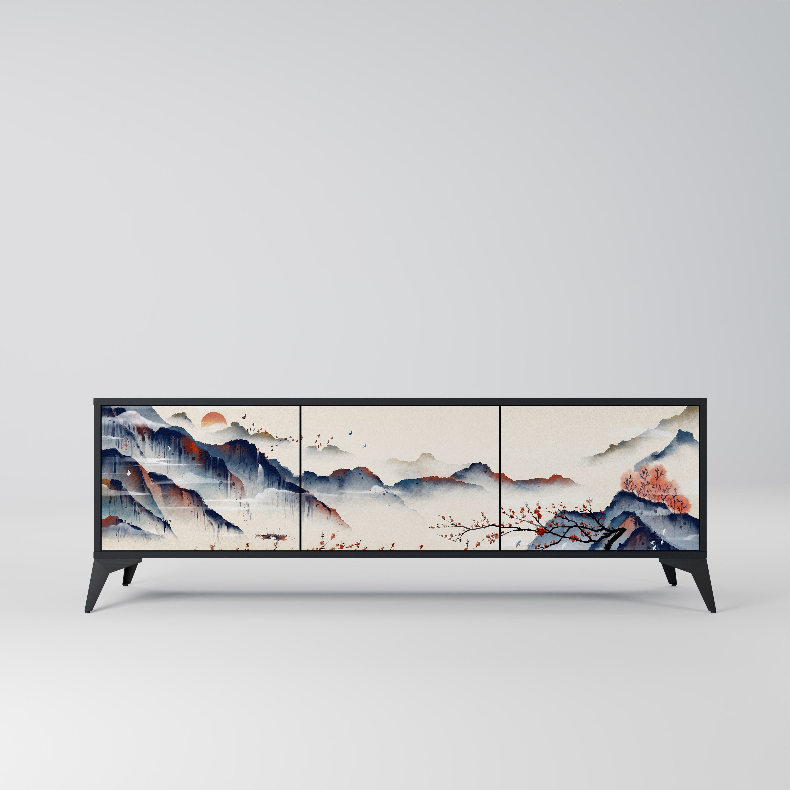 JAPANESE LANDSCAPE 3-Door TV Stand in Black Finish