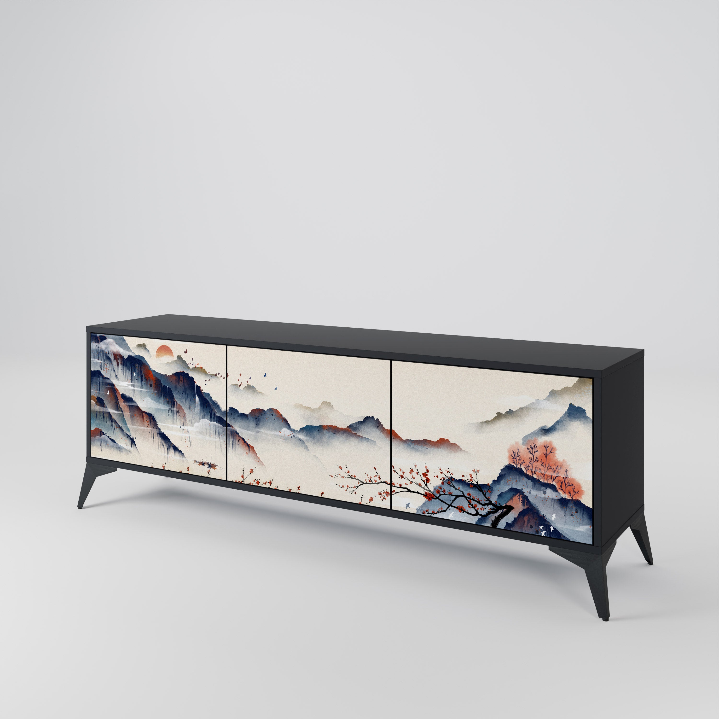 JAPANESE LANDSCAPE 3-Door TV Stand in Black Finish
