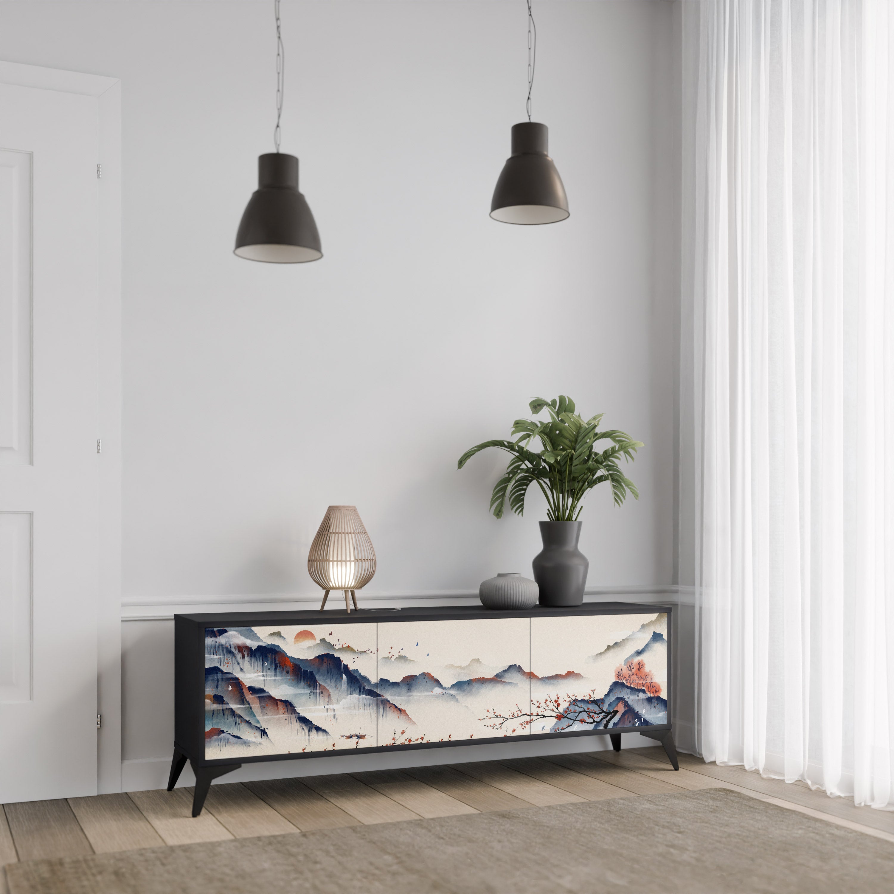 JAPANESE LANDSCAPE 3-Door TV Stand in Black Finish