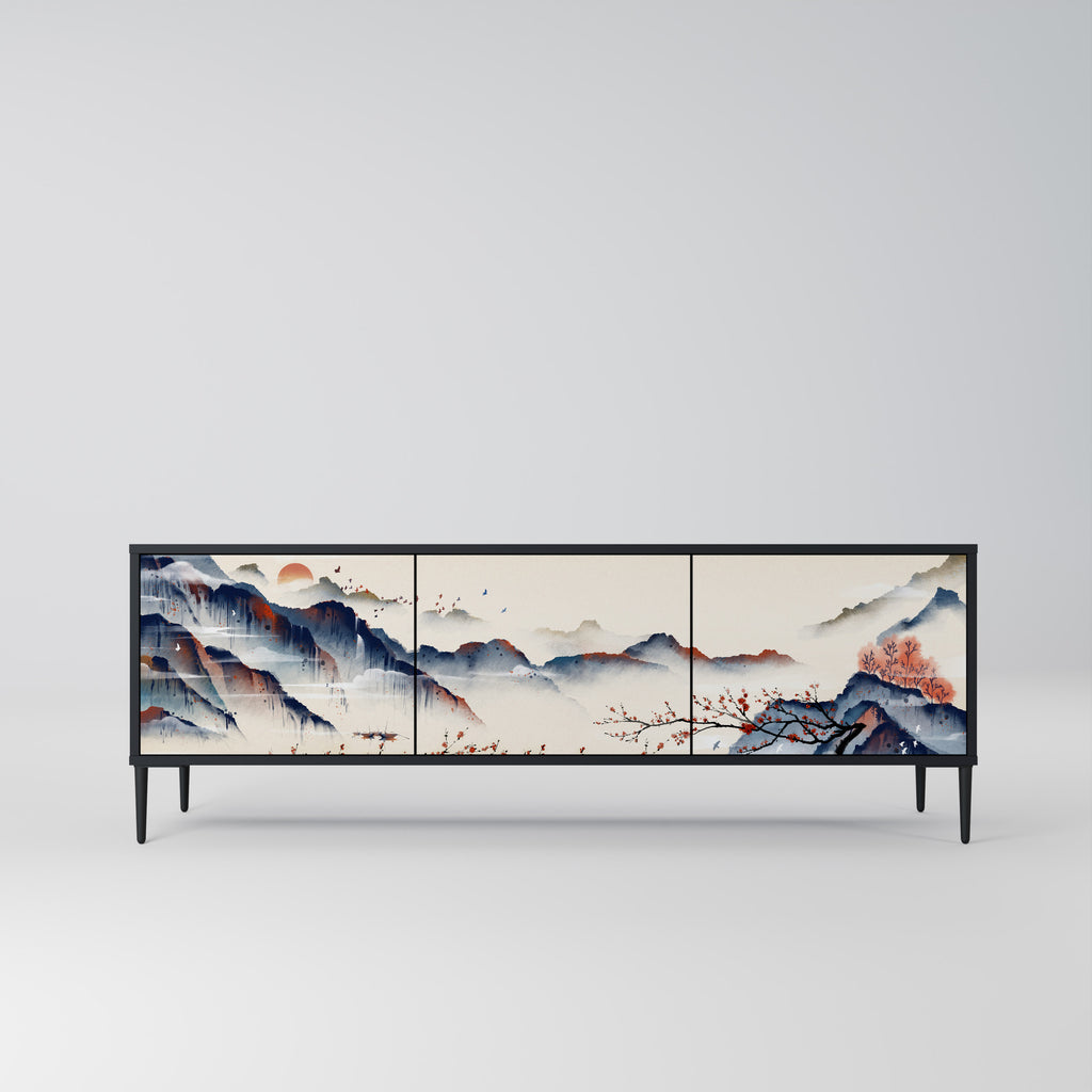 JAPANESE LANDSCAPE 3-Door TV Stand in Black Finish