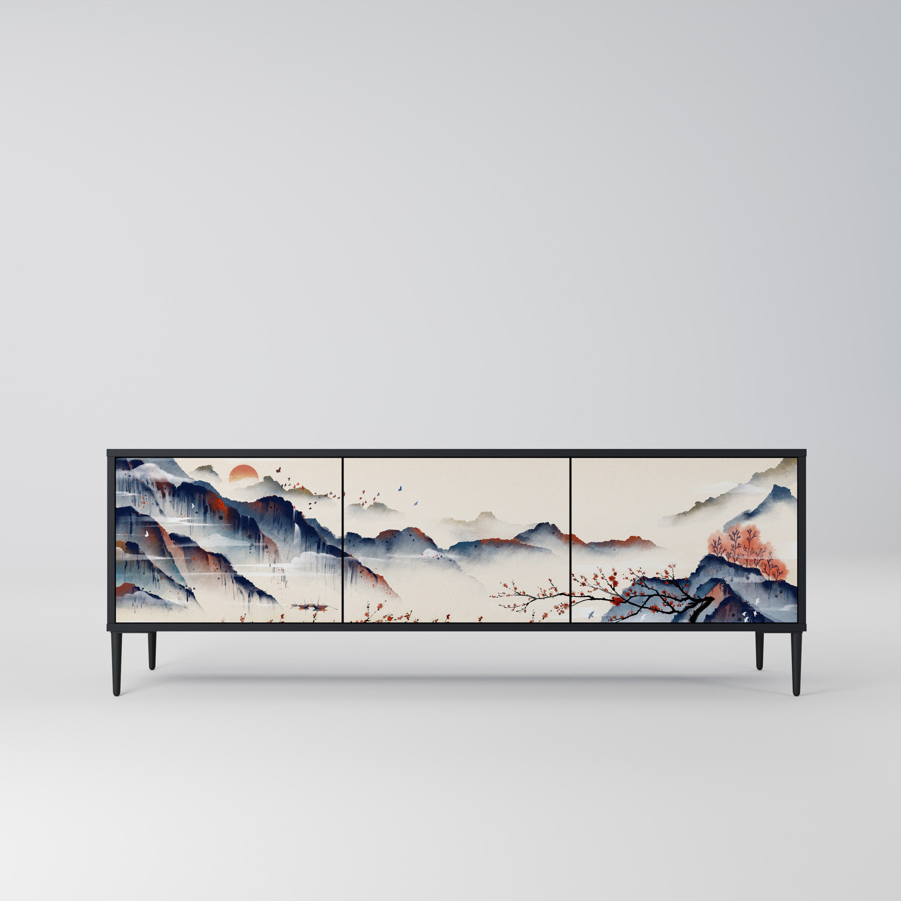 JAPANESE LANDSCAPE 3-Door TV Stand in Black Finish