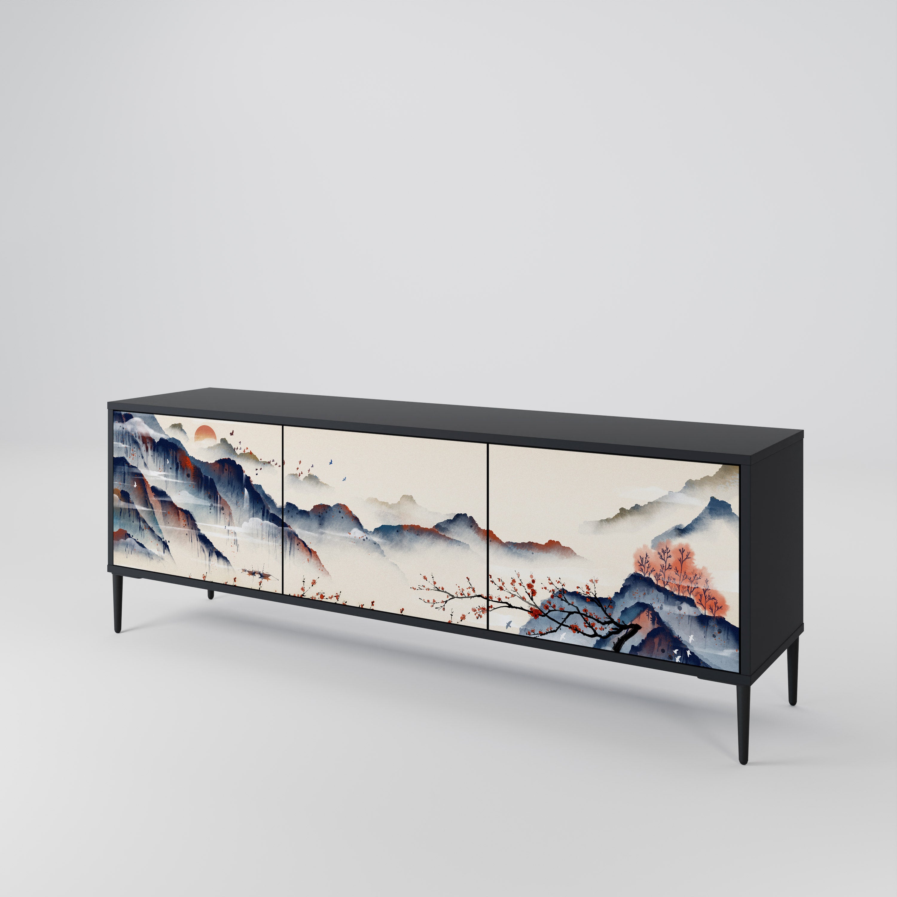 JAPANESE LANDSCAPE 3-Door TV Stand in Black Finish