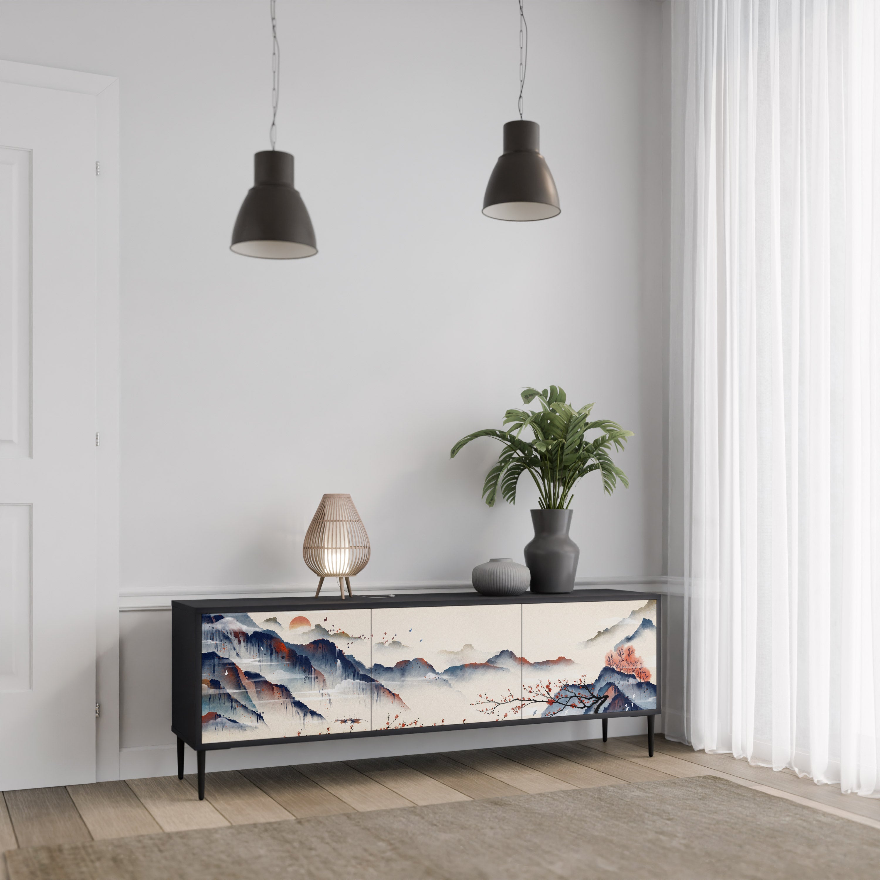 JAPANESE LANDSCAPE 3-Door TV Stand in Black Finish